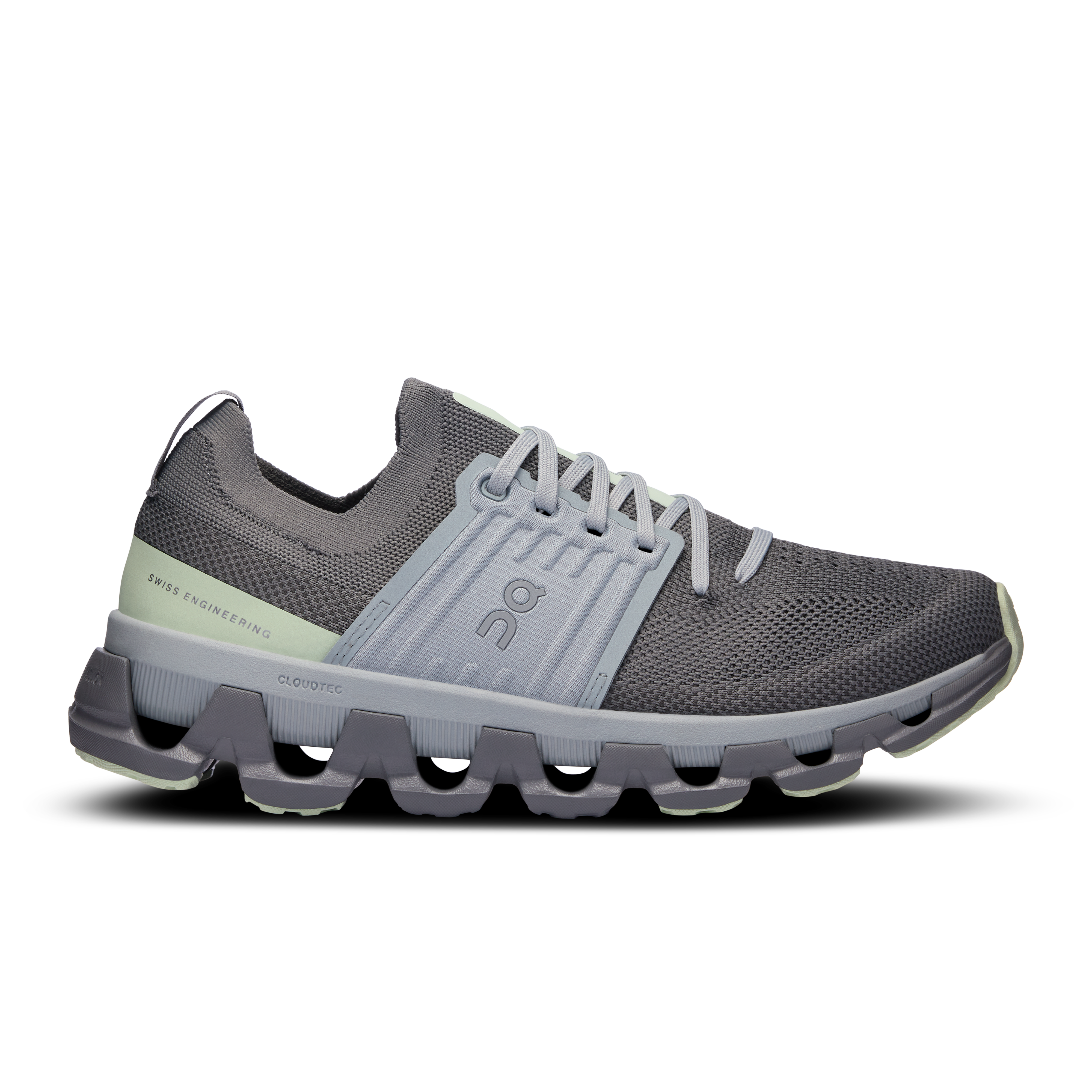 Side view on white background of Womens On Cloudswift 3 running shoe in Rock/Lima, Medium (Regular) width