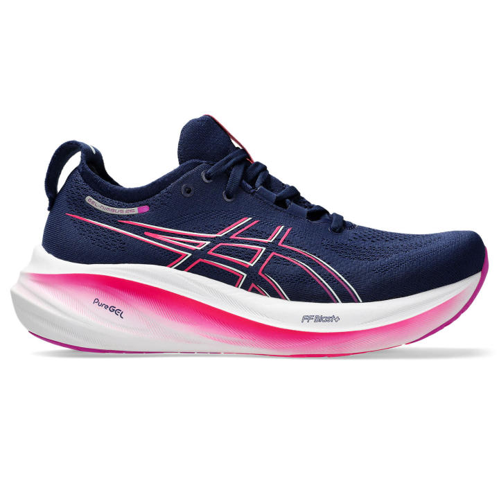 Side view on white background of Womens Asics Gel-Nimbus running shoe in Blue Expanse/Bold Magenta, Medium (Regular) width