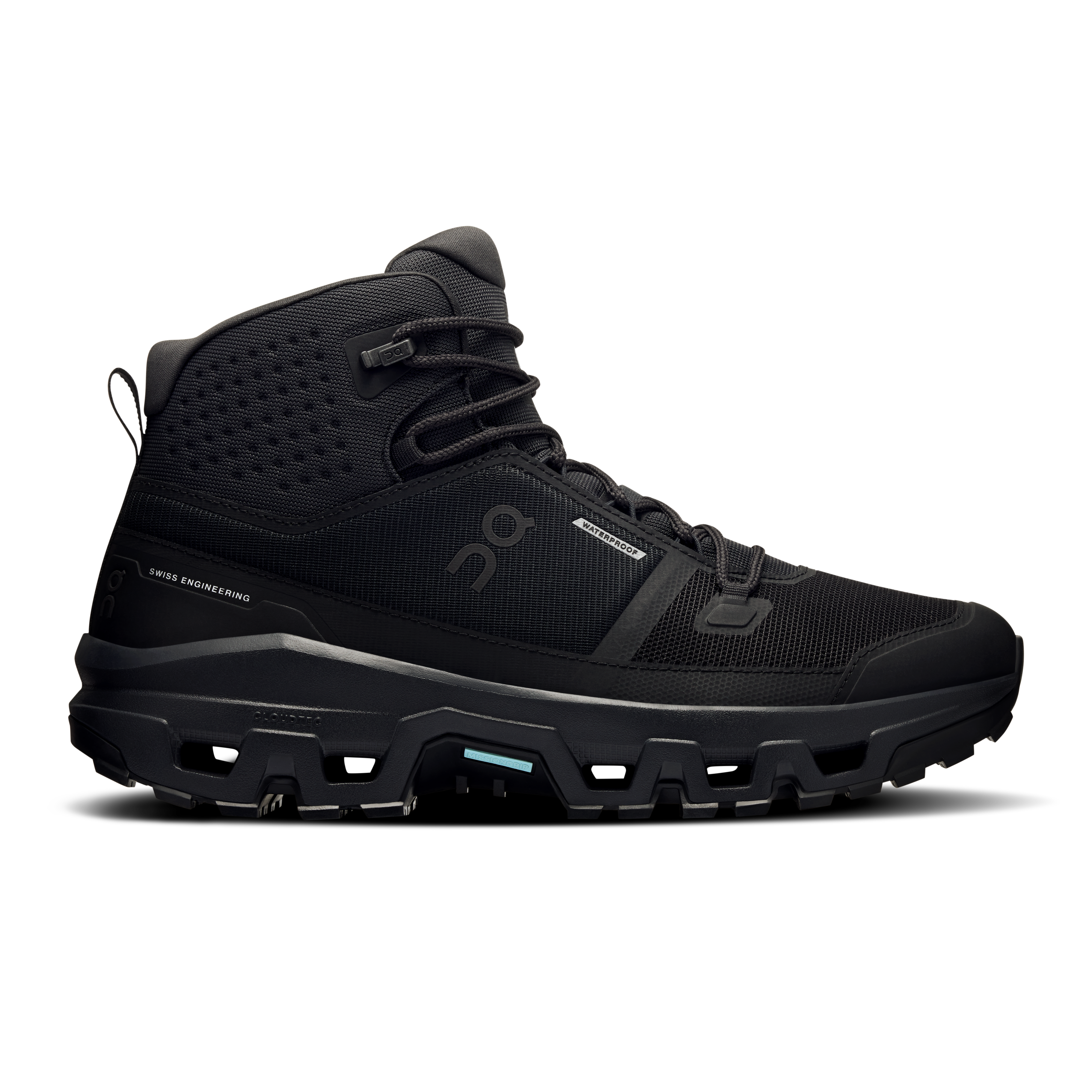 Side view on white background of Mens On Cloudrock Mid WP running shoe in Black/Black, Medium (Regular) width