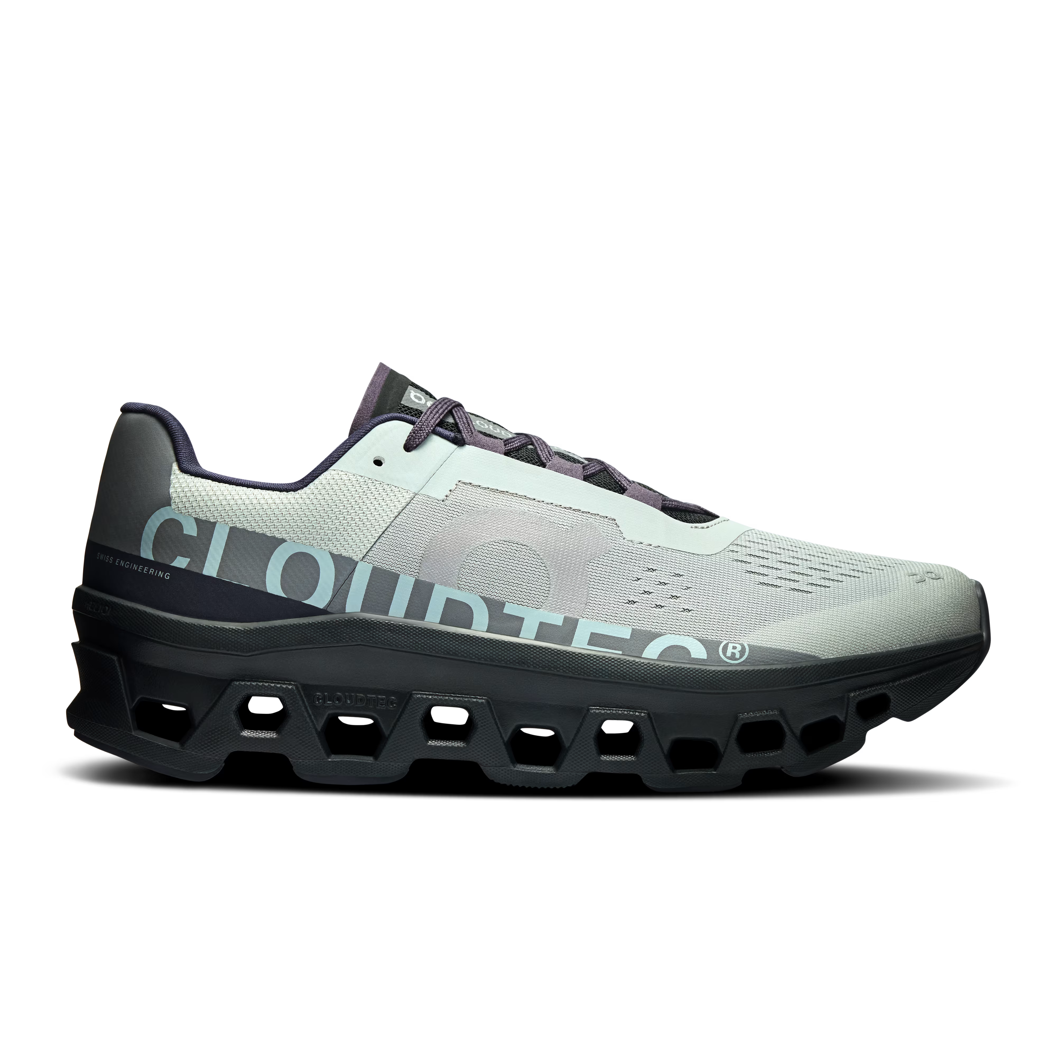 Side view on white background of Mens On Cloudmonster running shoe in Glacier/Black, Medium (Regular) width