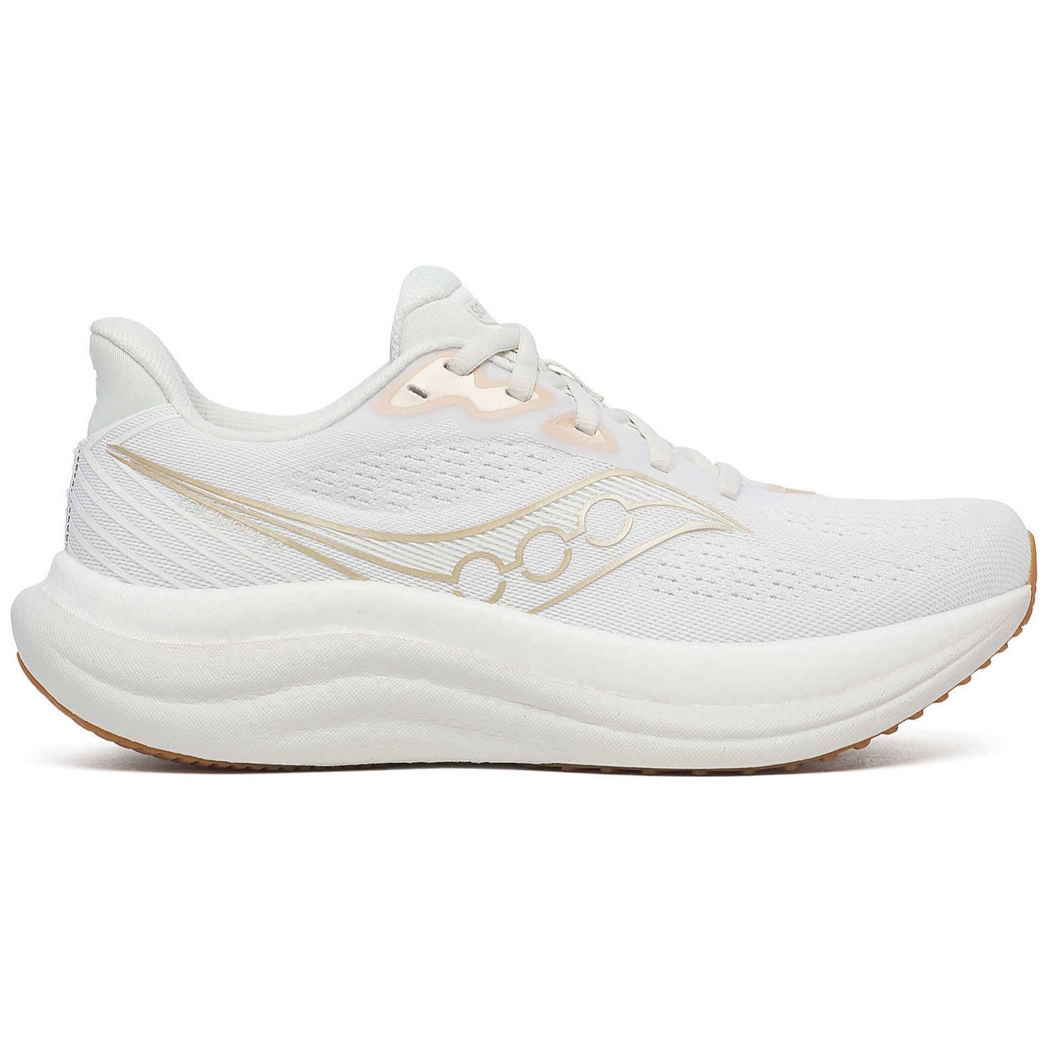 Side view on white background of Womens Saucony Triumph 23 running shoe in White/Arctic, Medium (Regular) width