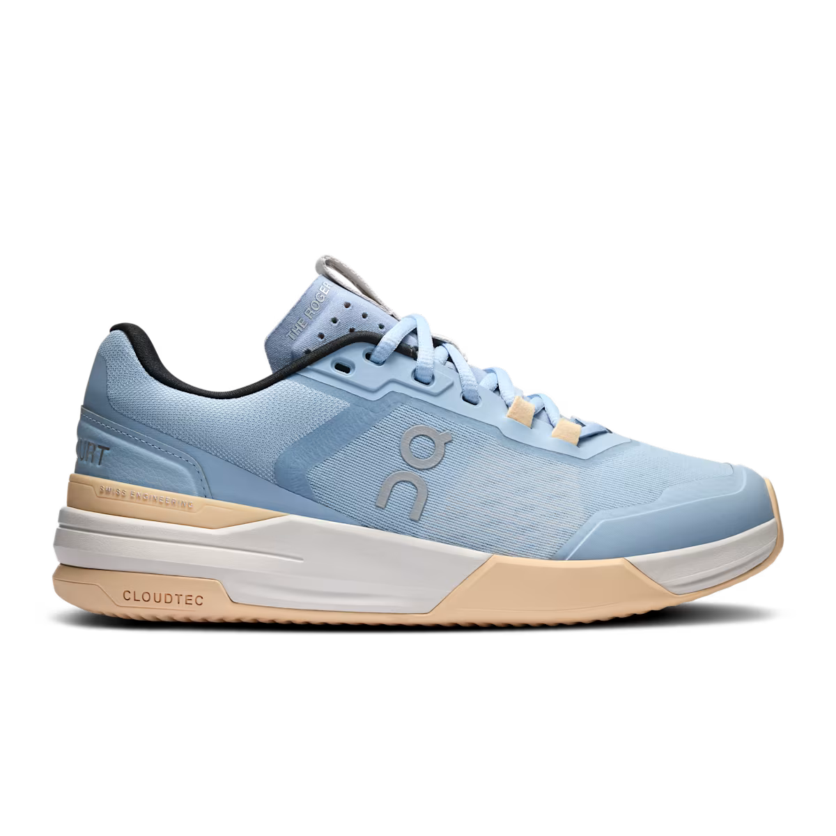 Side view on white background of Womens On The Roger Advantage Pro Clay running shoe in Chambray/Blonde, Medium (Regular) width
