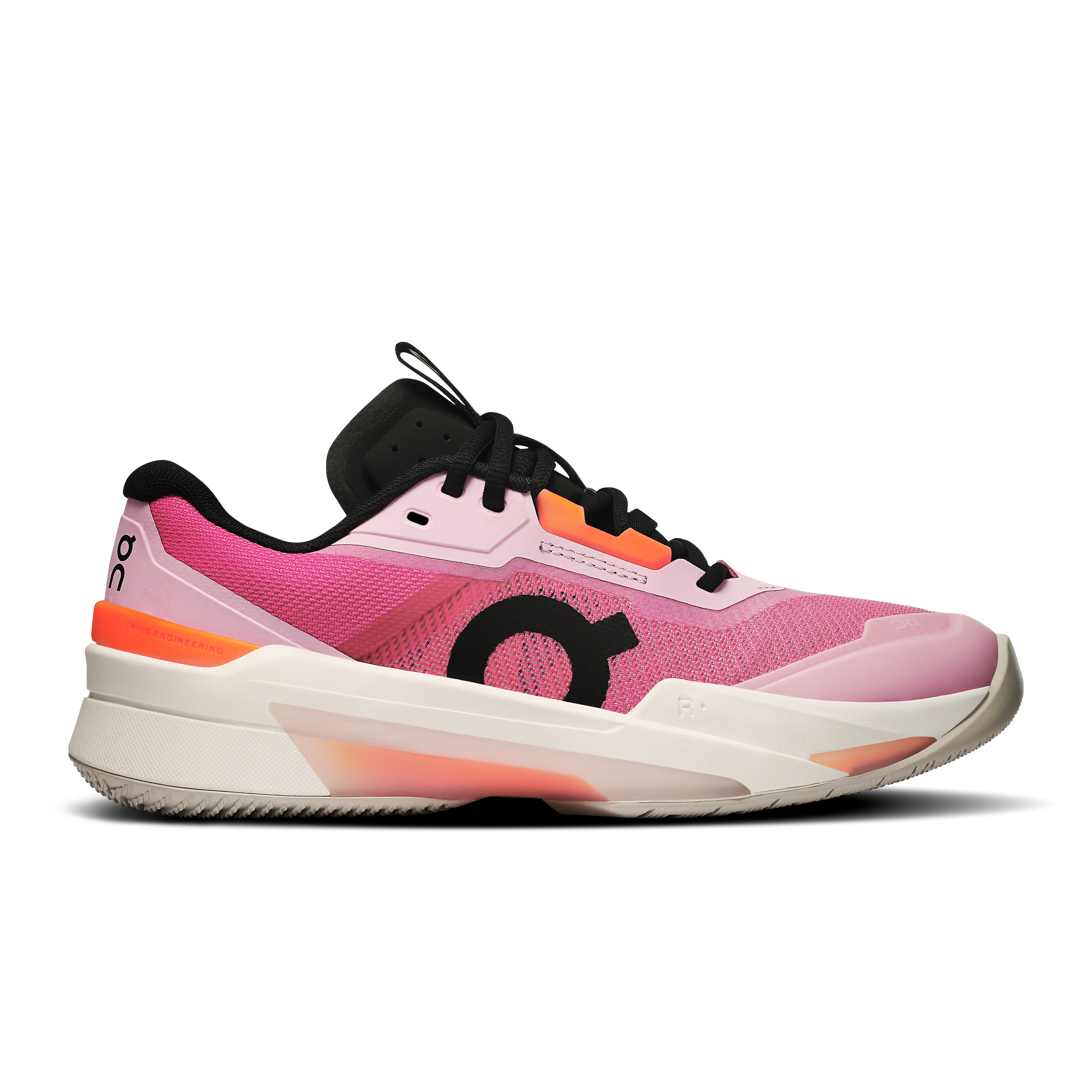 Side view on white background of Womens On The Roger Pro Fire running shoe in Pink/Flame, Medium (Regular) width