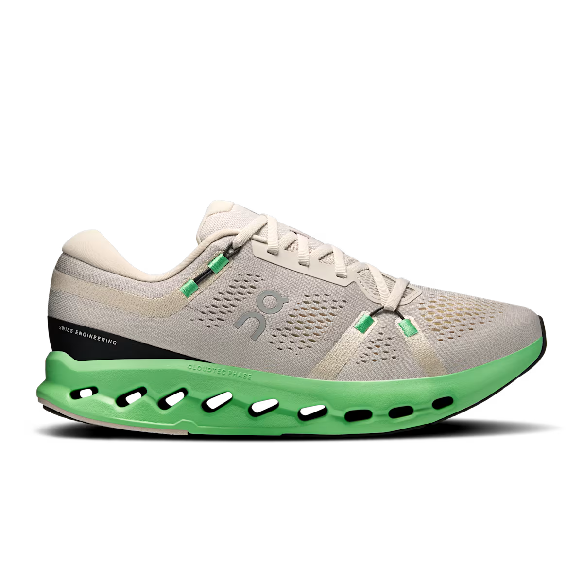 Side view on white background of Mens On Cloudsurfer 2 running shoe in Truffle/Honeydew, Medium (Regular) width