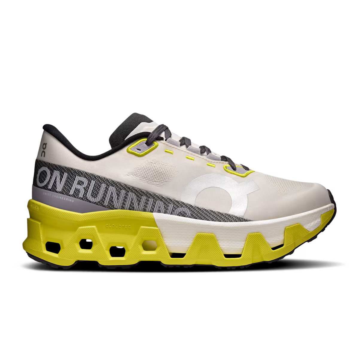 Side view on white background of Womens On Cloudmonster Hyper running shoe in Dew/Lime, Medium (Regular) width