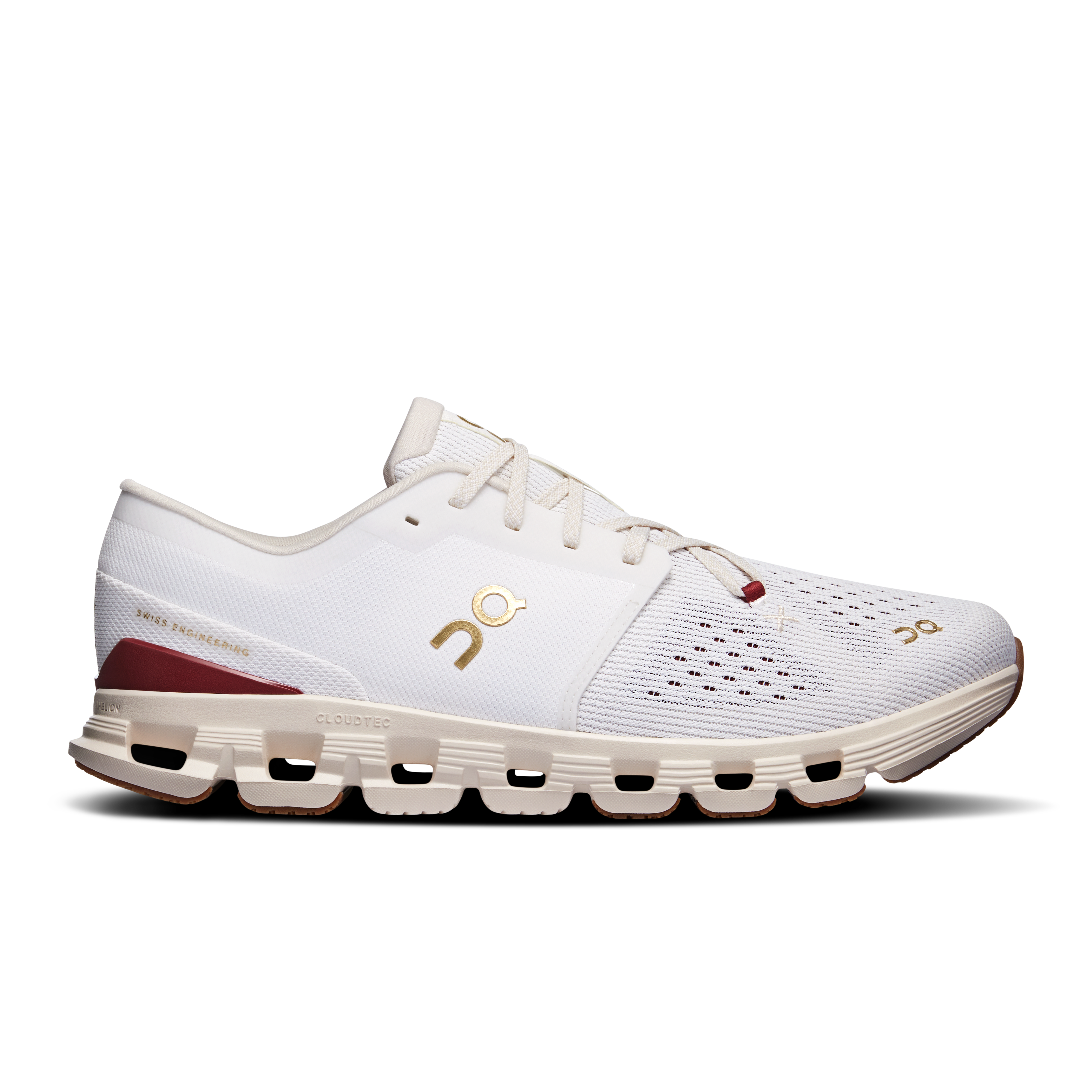 Side view on white background of Womens On Cloud X 4 running shoe in Ivory/Cream, Medium (Regular) width