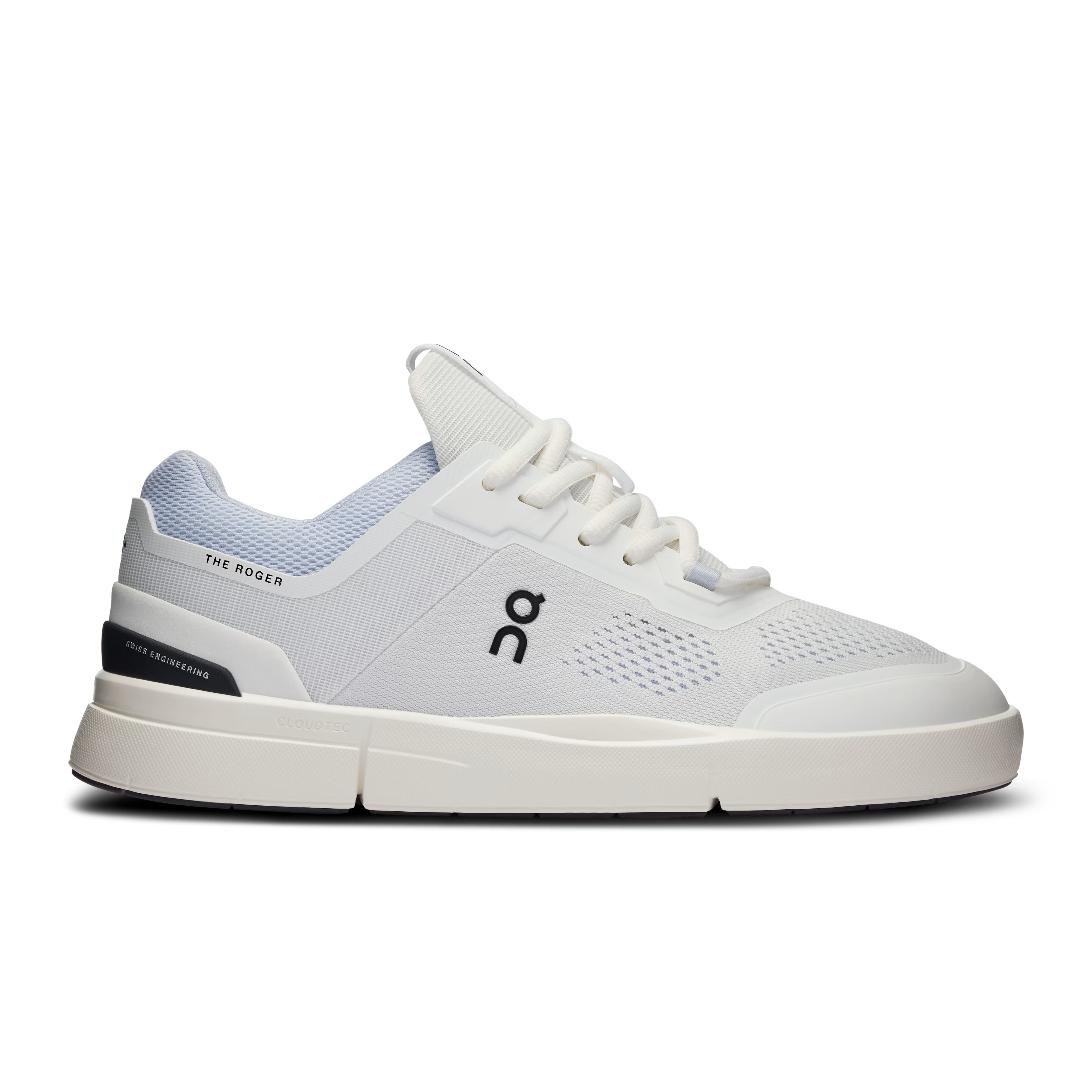 Side view on white background of Womens On The Roger Spin 2 running shoe in White/Heather, Medium (Regular) width