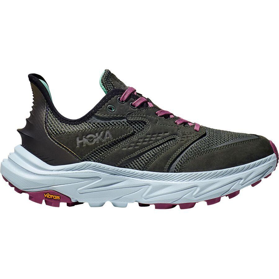 Side view on white background of Womens Hoka Anacapa 2 Freedom running shoe in Outer Orbit/Overcast , Medium (Regular) width