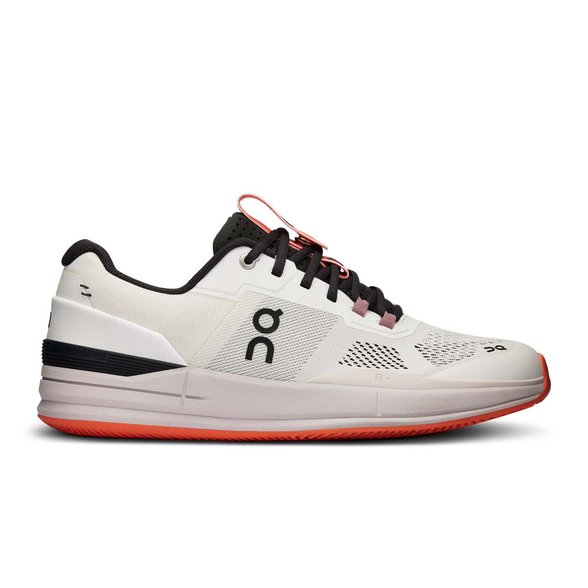 Side view on white background of Mens On The Roger Pro Clay running shoe in White/Lily, Medium (Regular) width