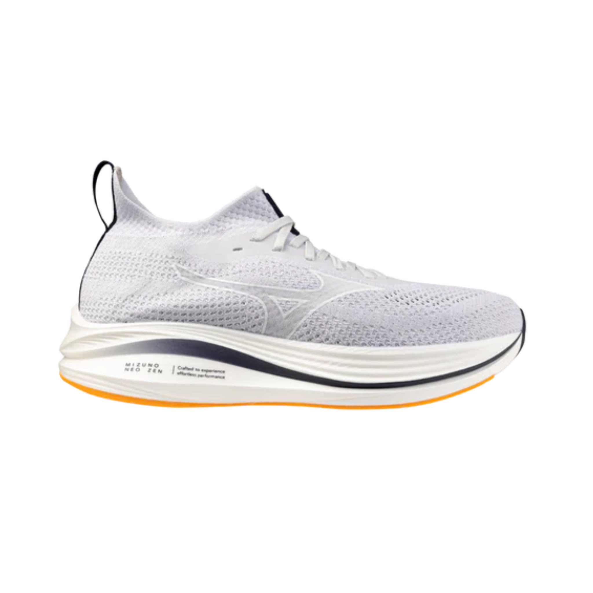 Side view on white background of Mens Mizuno Neo Zen running shoe in Nimbus Cloud/White, Medium (Regular) width