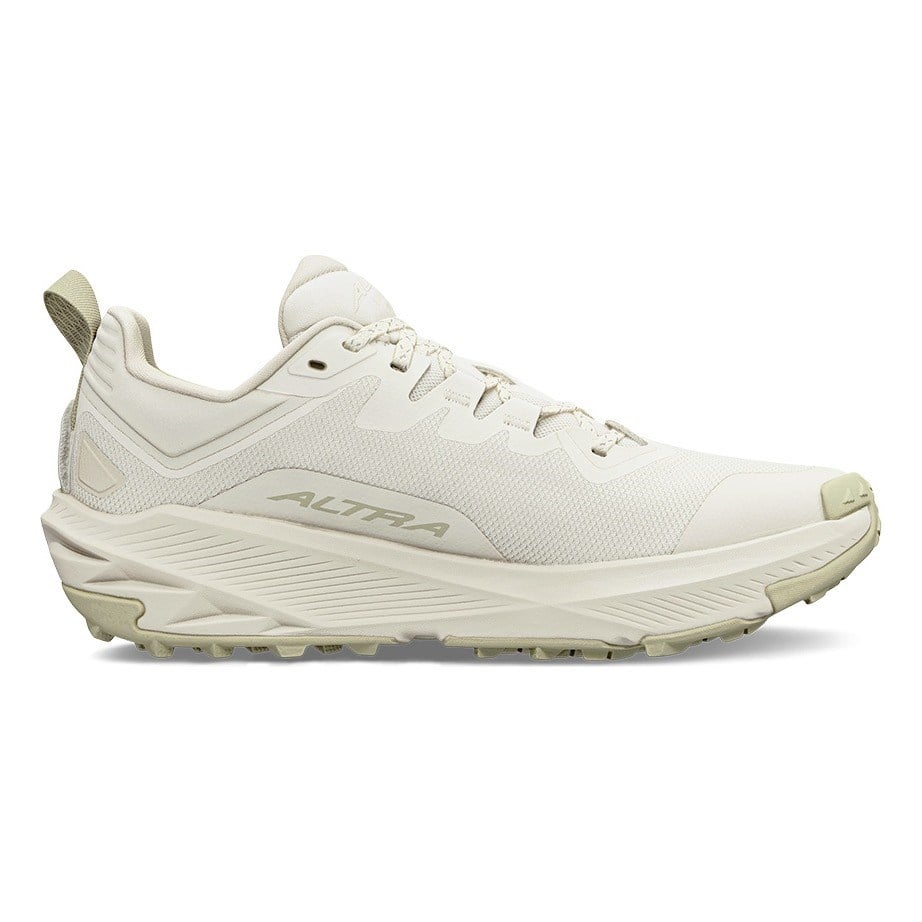 Side view on white background of Womens Altra Experience Wild 3+ running shoe in Sand, Medium (Regular) width