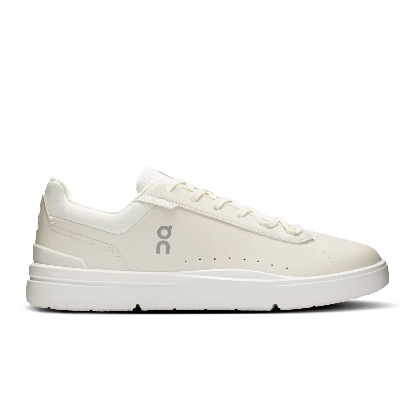 Side view on white background of Womens On The Roger Advantage running shoe in Ivory/Ivory, Medium (Regular) width