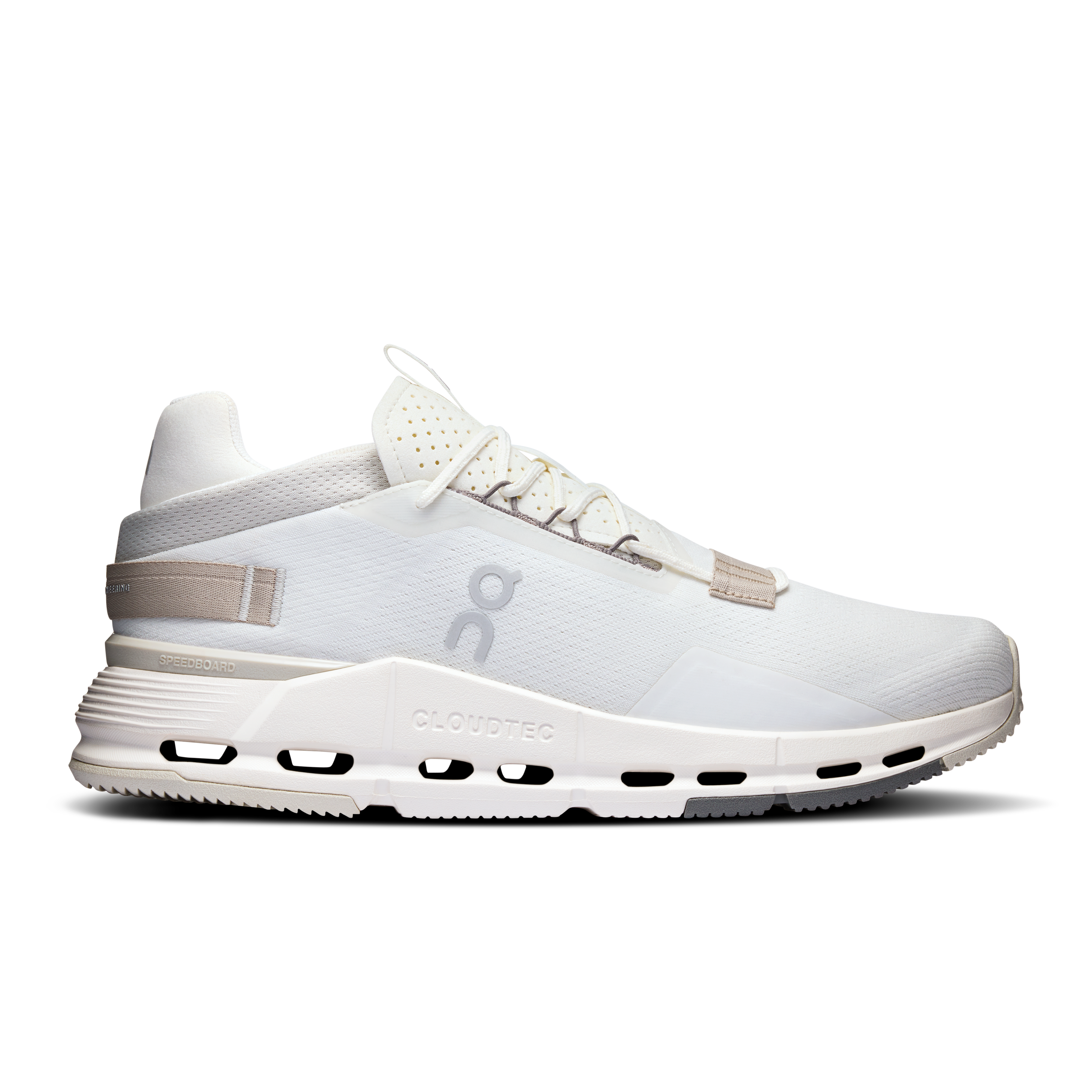 Side view on white background of Mens On Cloudnova 2 running shoe in Ice/Sand, Medium (Regular) width