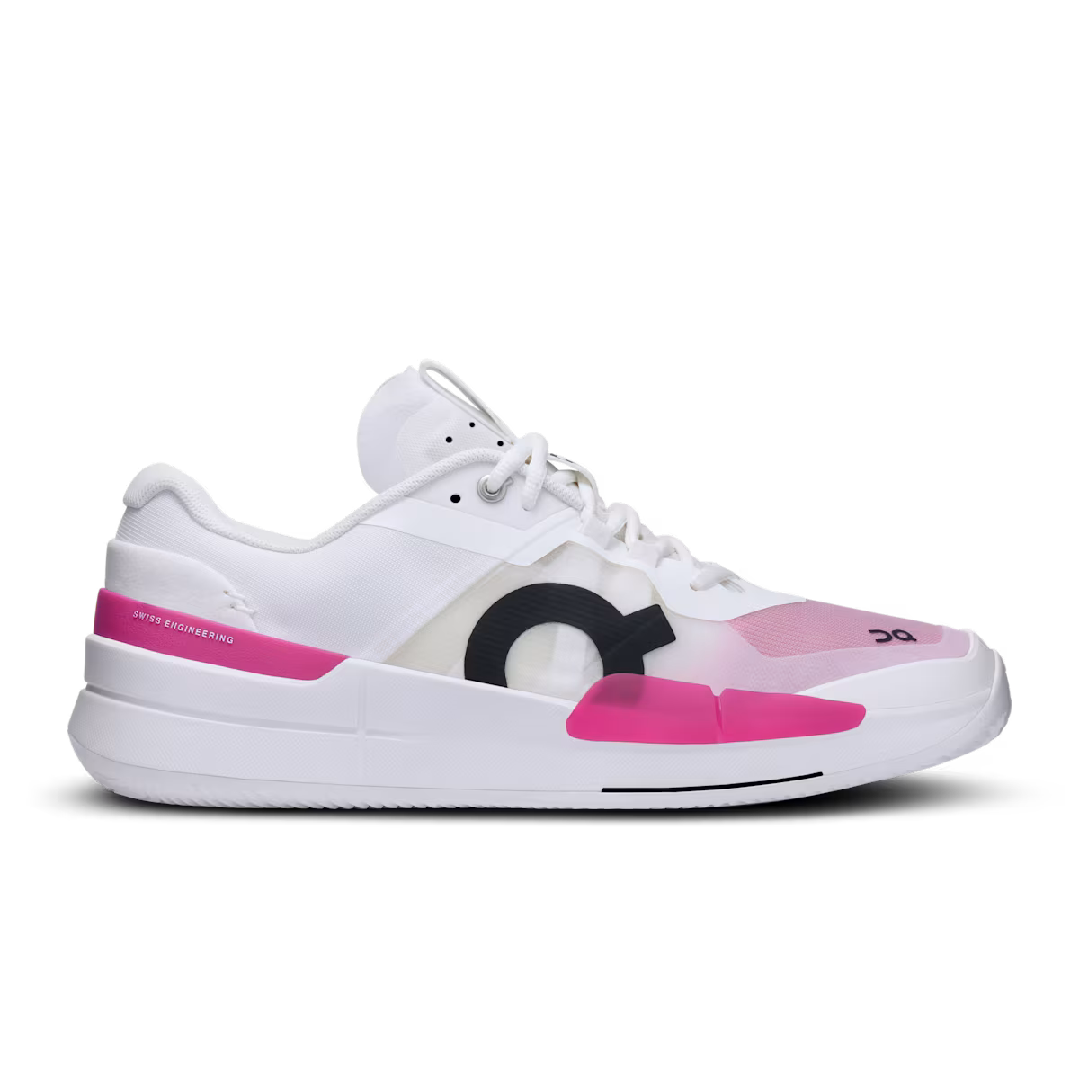 Side view on white background of Mens On The Roger Pro 2 Clay running shoe in White/Pink, Medium (Regular) width