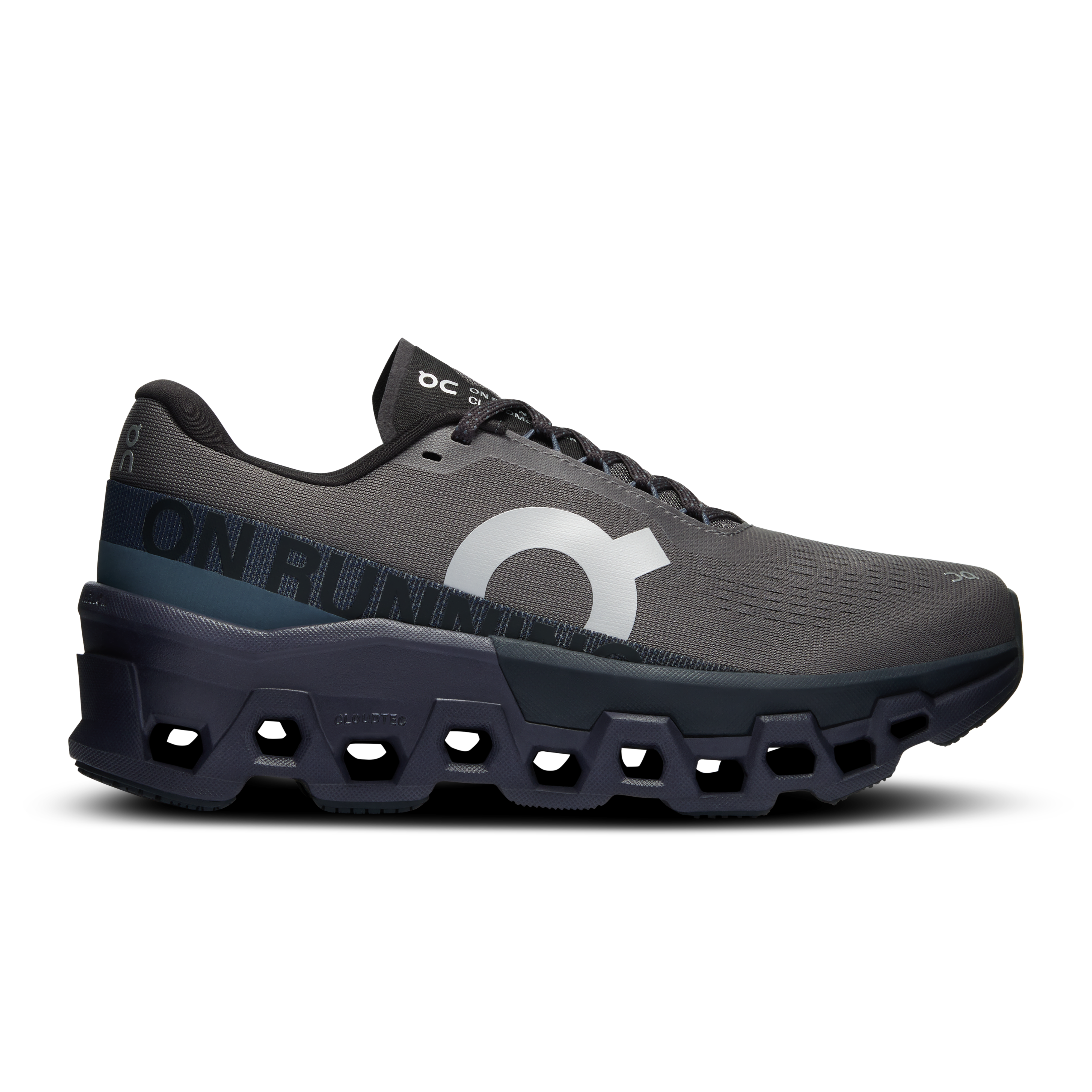 Side view on white background of Womens On Cloudmonster 2 running shoe in Asphalt/Iron, Medium (Regular) width