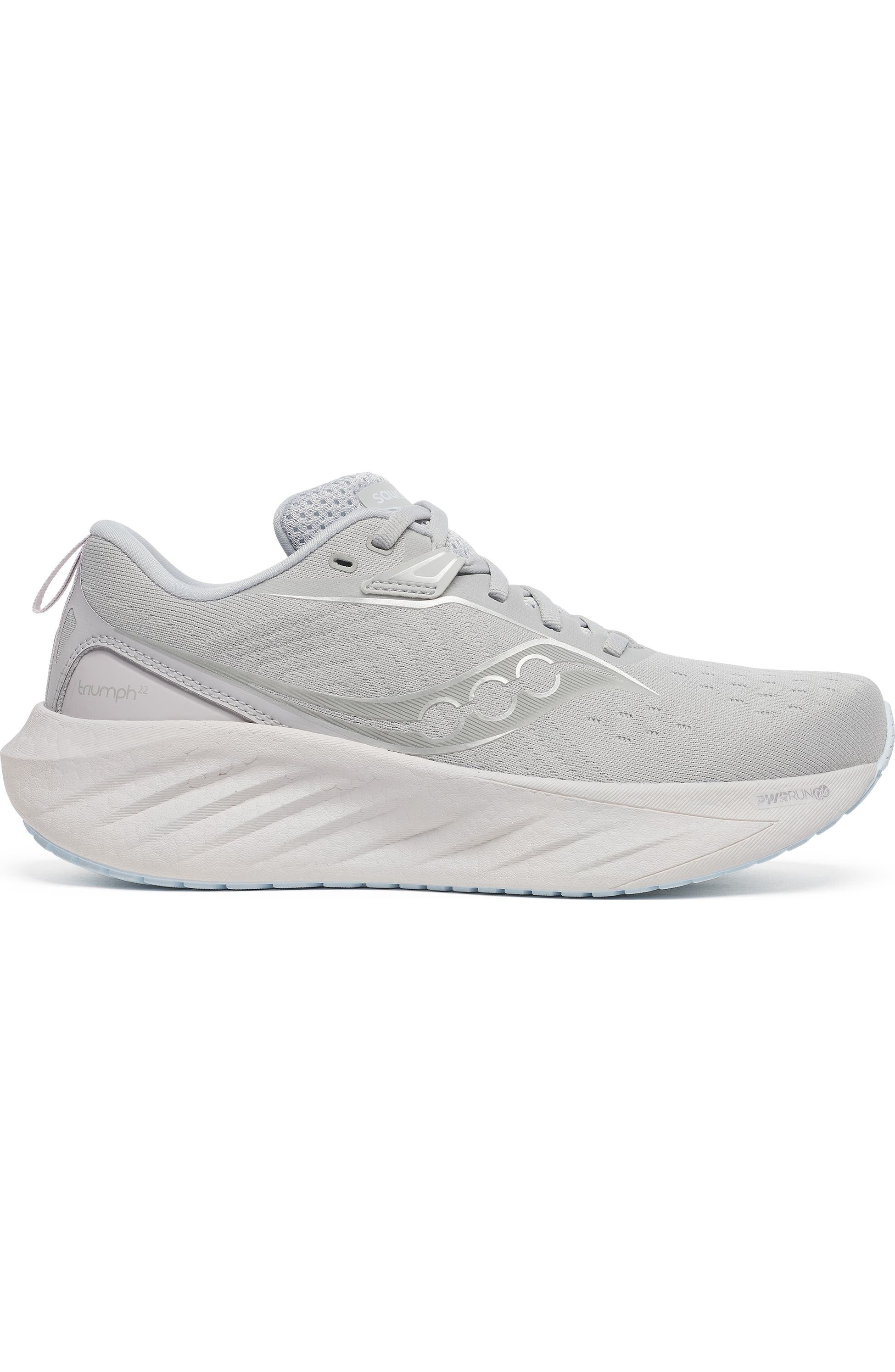 Side view on white background of Womens Saucony Triumph 22 running shoe in Cloud, Medium (Regular) width