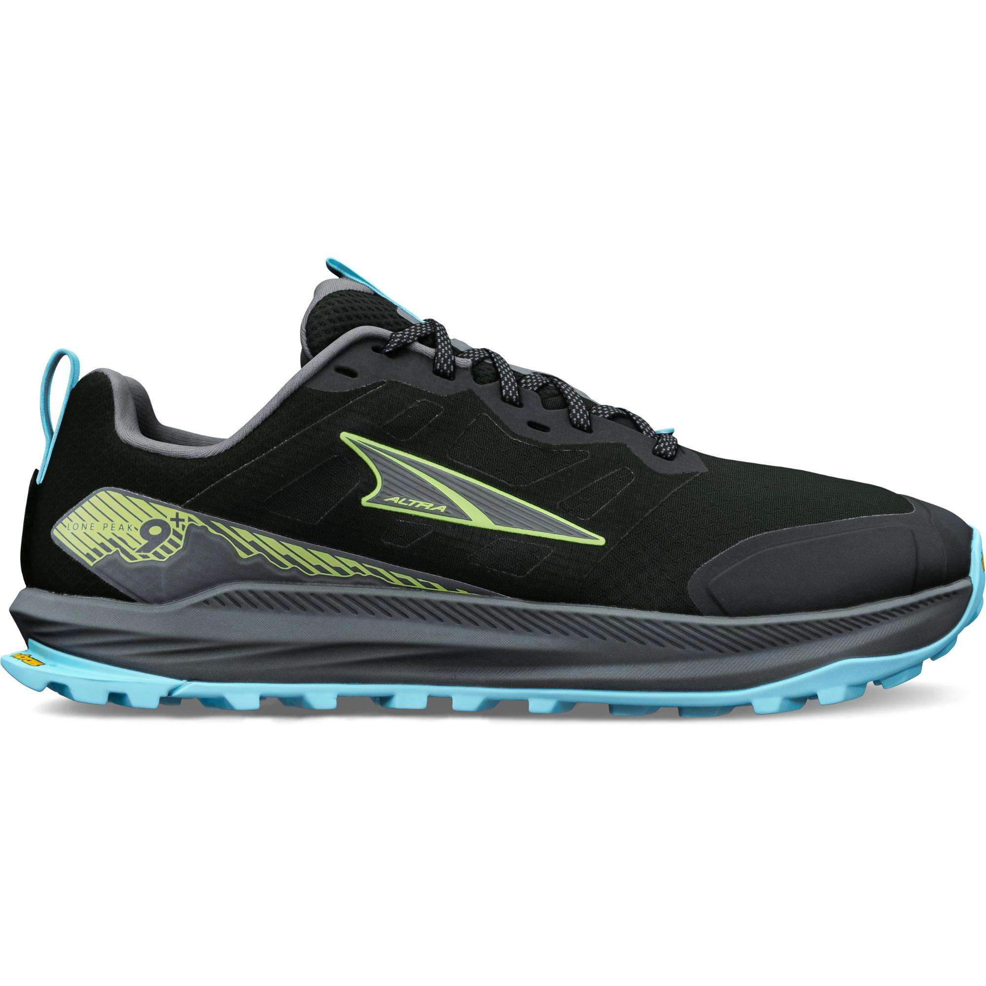 Side view on white background of Womens Altra Lone Peak 9 running shoe in Black/Blue, Medium (Regular) width