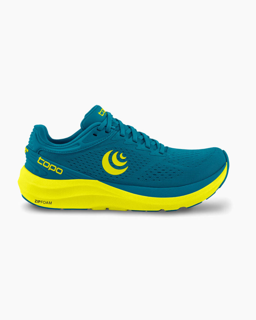 Side view on white background of Mens Topo Athletic Phantom 3 running shoe in Blue and Lime, Medium (Regular) width