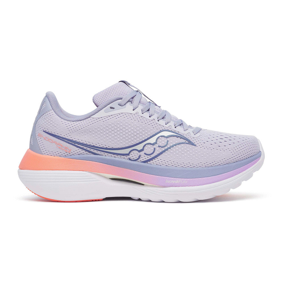 Side view on white background of Womens Saucony Endorphin Trainer running shoe in Aster/Marine, Medium (Regular) width