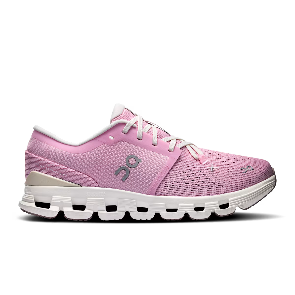 Side view on white background of Womens On Cloud X 4 running shoe in Petal/Sand, Medium (Regular) width