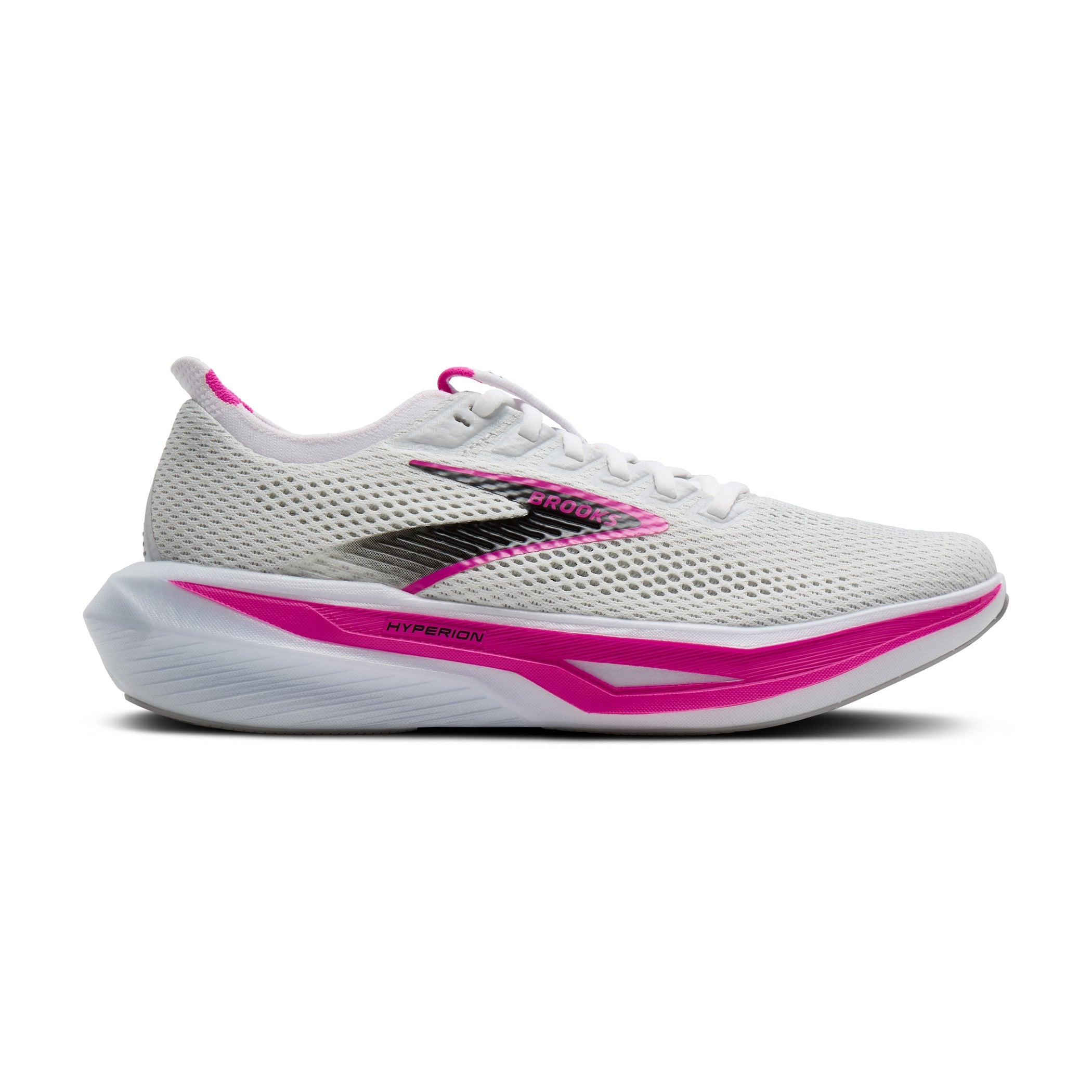 Side view on white background of Womens Brooks Hyperion 3 running shoe in White/Luminary/Cyber Pink, Medium (Regular) width