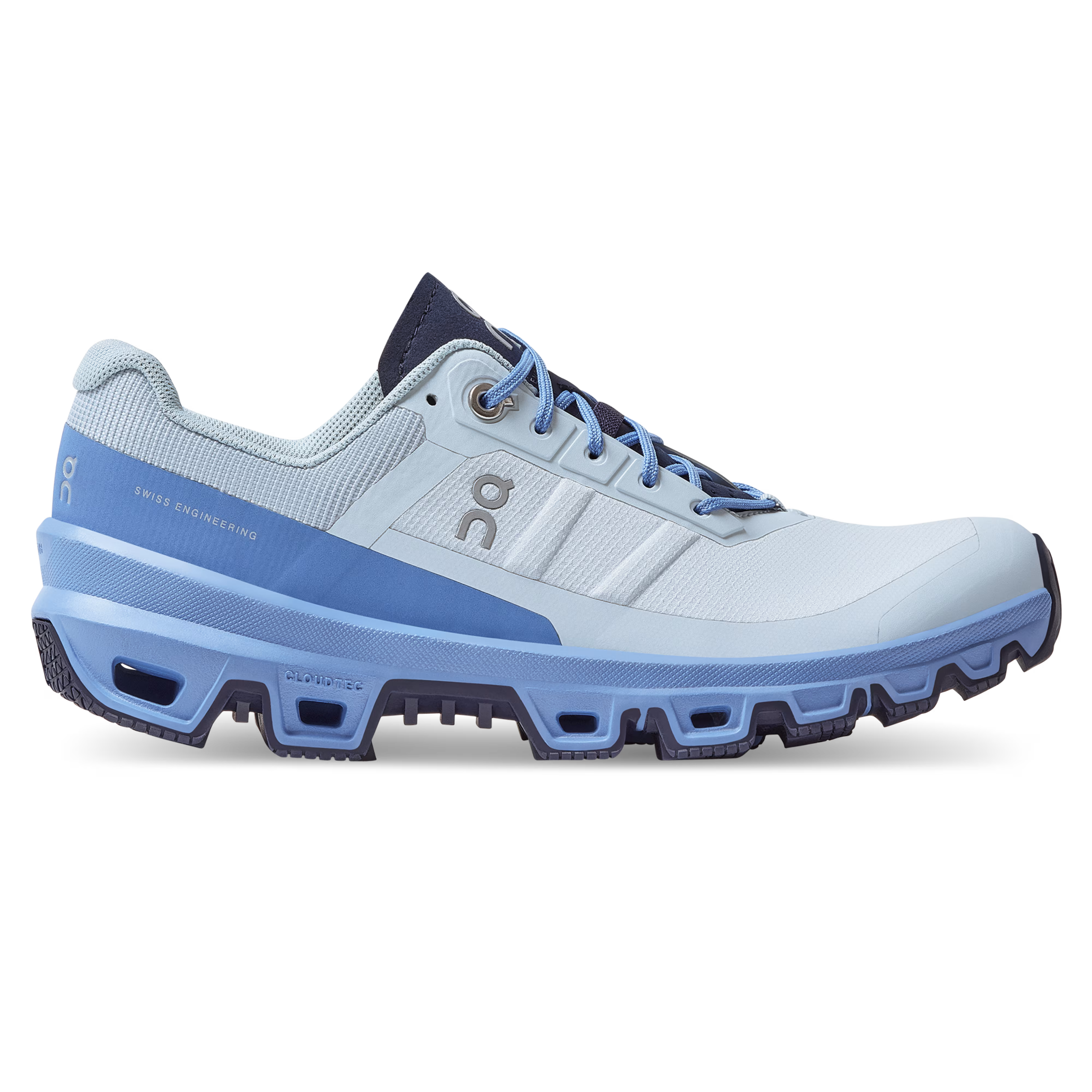Side view on white background of Womens On Cloudventure 3 running shoe in Arctic/Marina, Medium (Regular) width
