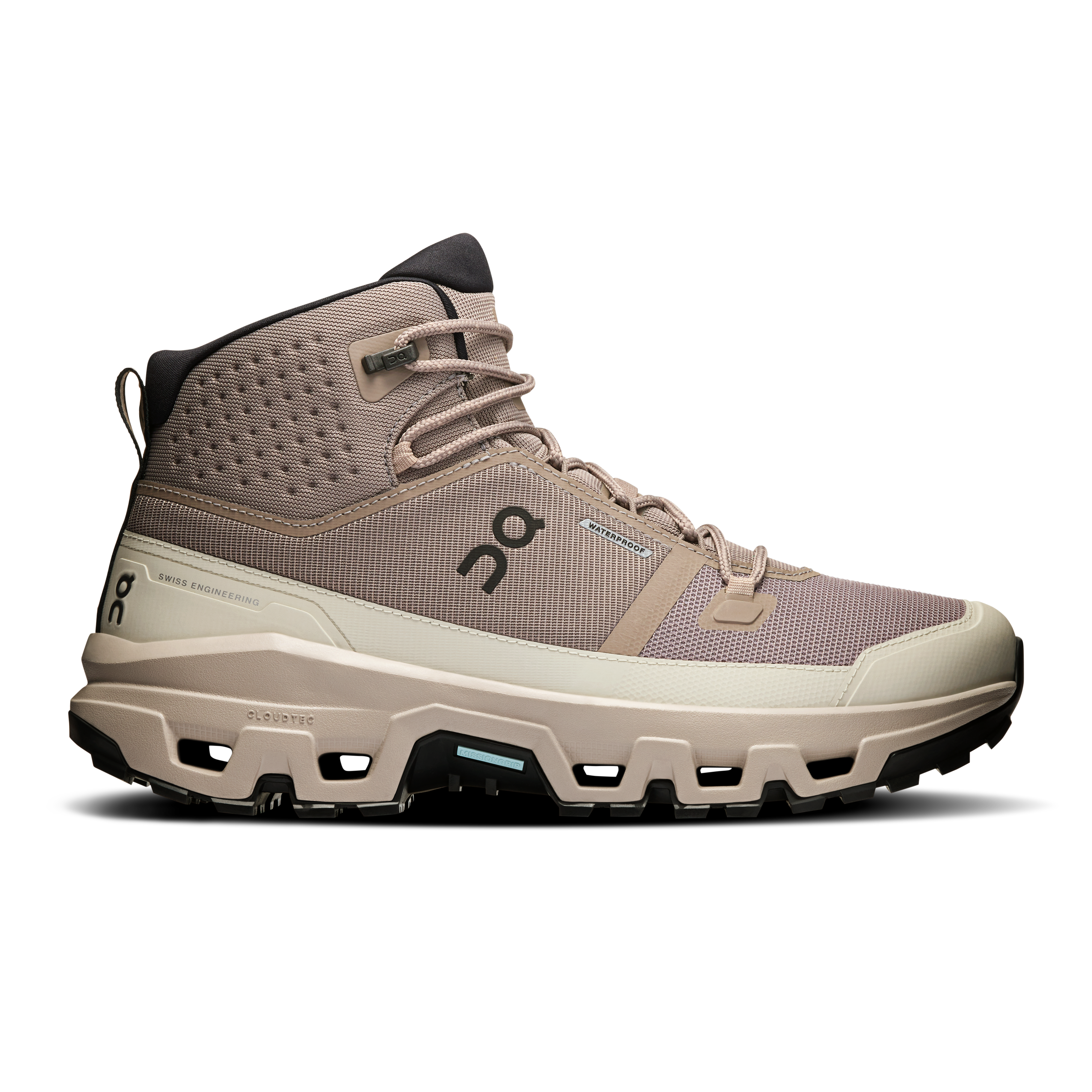 Side view on white background of Mens On Cloudrock Mid WP running shoe in Cinder/Desert, Medium (Regular) width