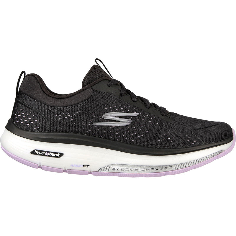 Side view on white background of Womens Skechers Go Walk running shoe in Black/Lavender, Medium (Regular) width