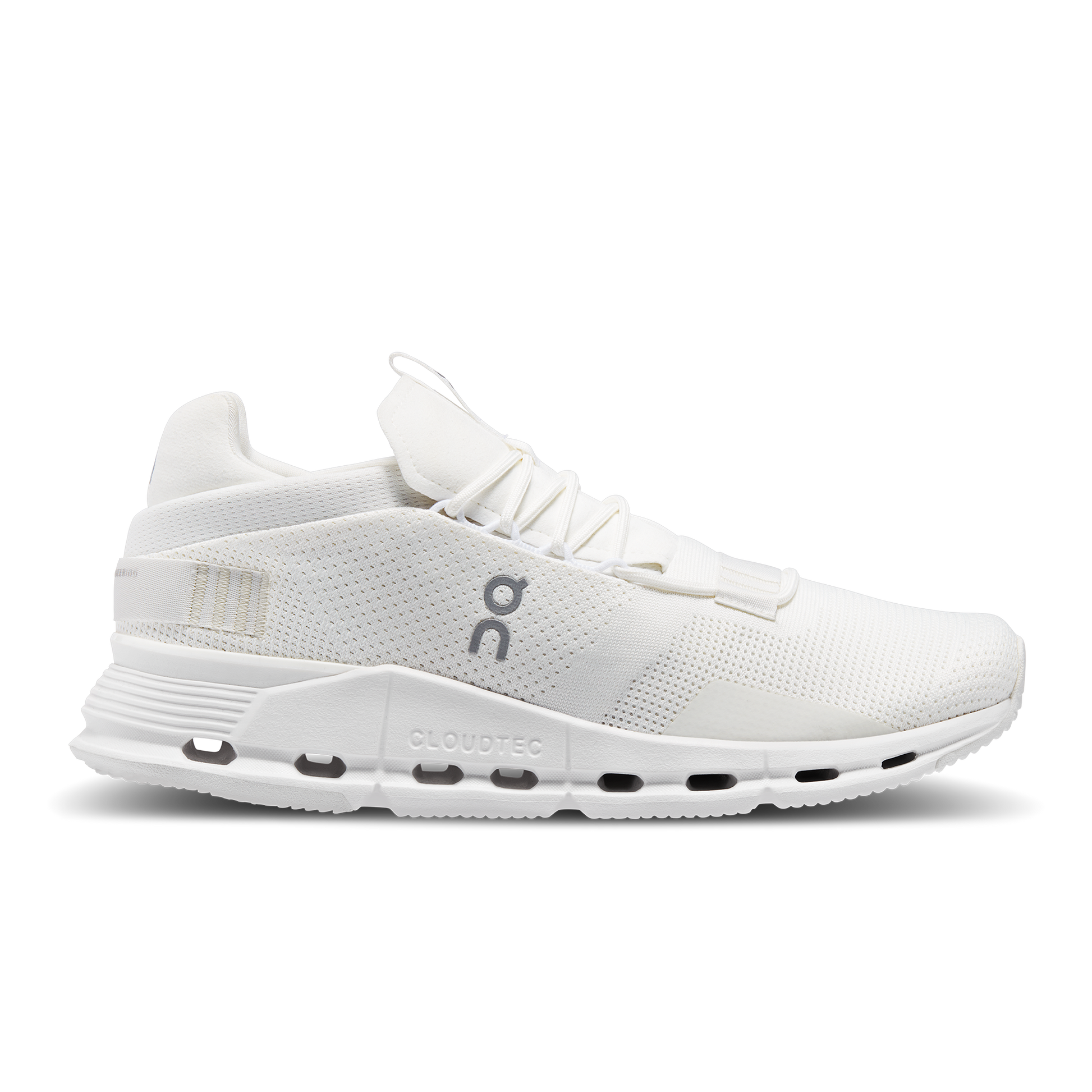 Side view on white background of Mens On Cloudnova running shoe in Undyed-White/White, Medium (Regular) width