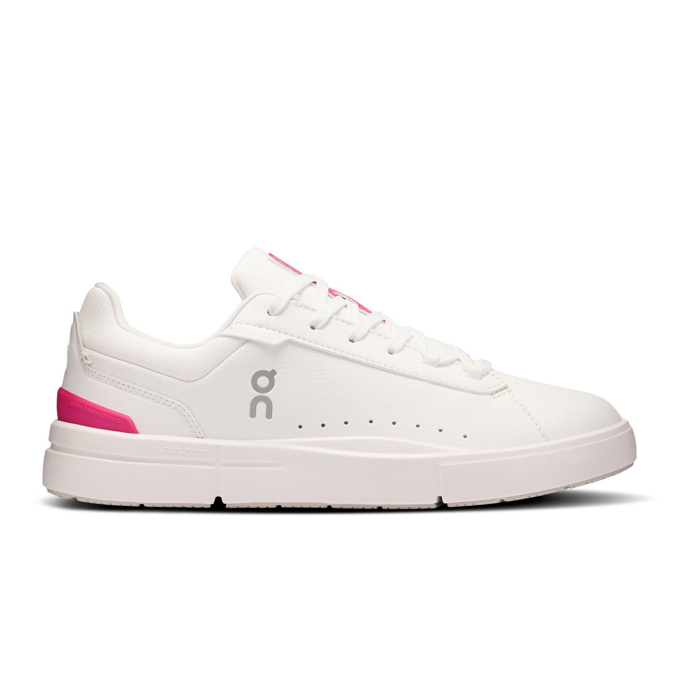 Side view on white background of Womens On The Roger Advantage running shoe in White/Pink, Medium (Regular) width