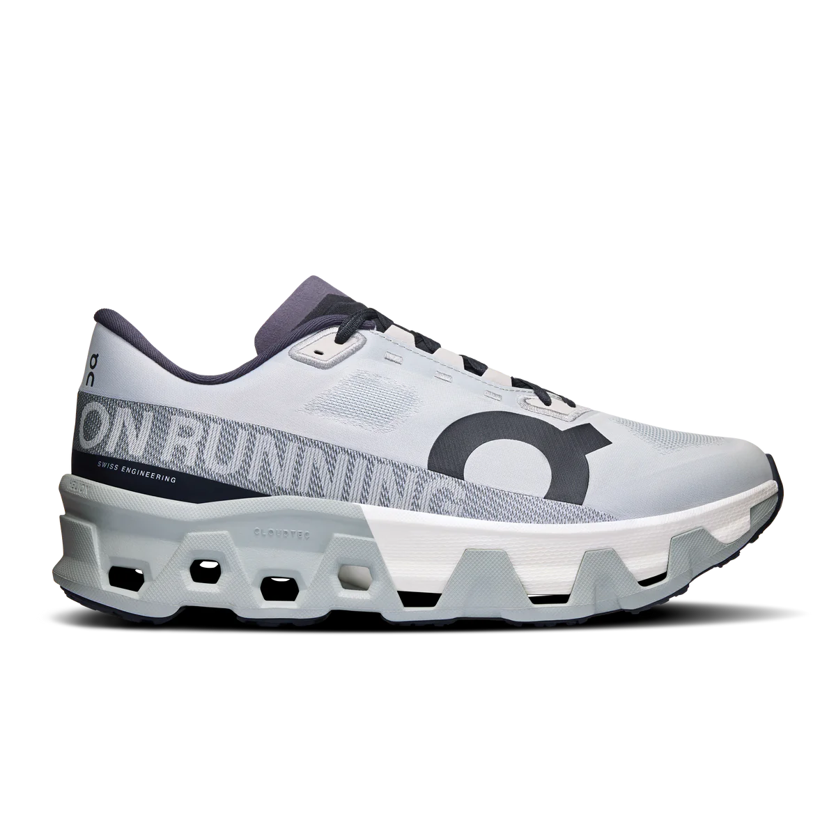 Side view on white background of Mens On Cloudmonster Hyper running shoe in Glacier/Ivory, Medium (Regular) width