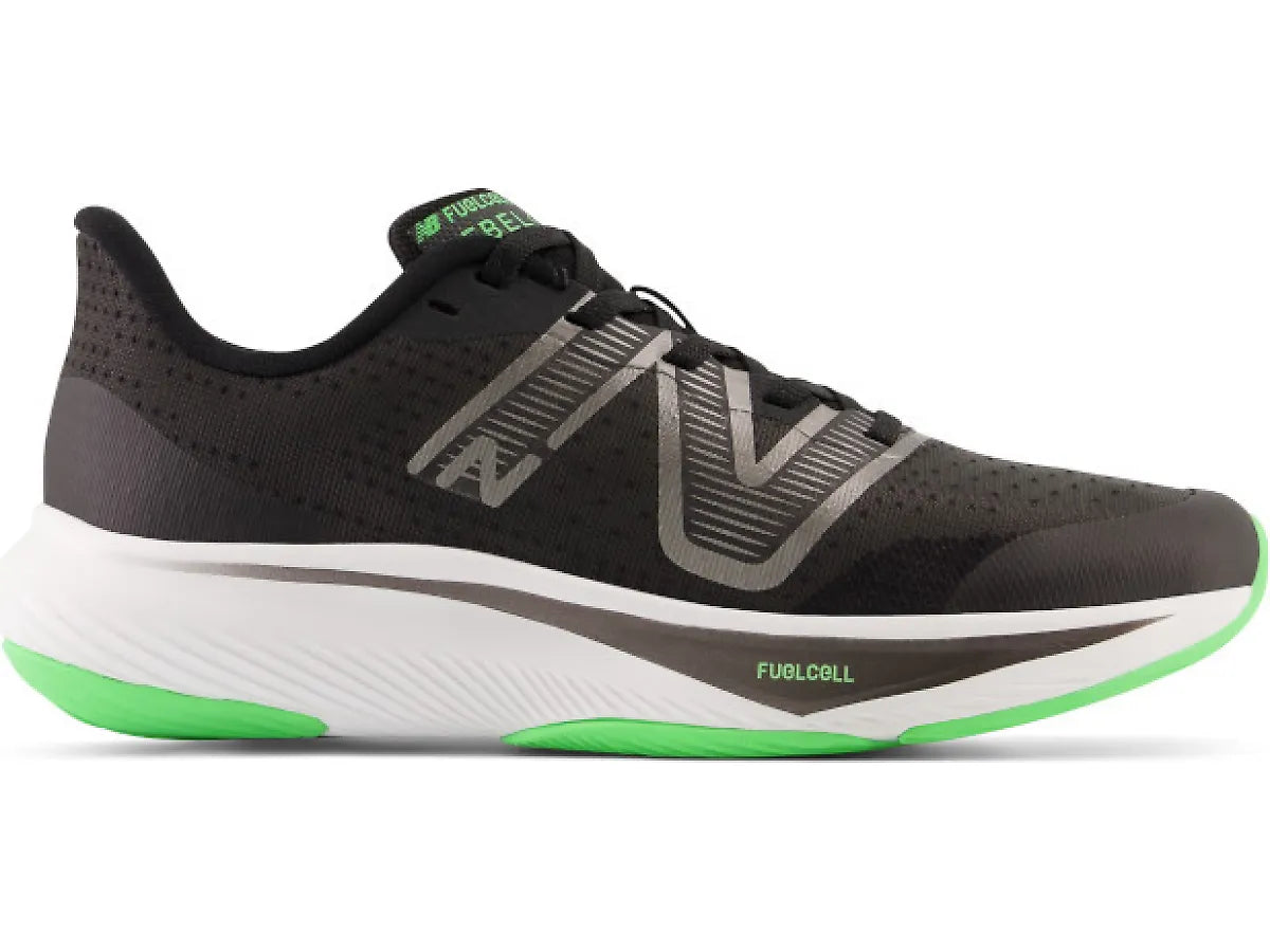 Side view on white background of Youth New Balance FuelCell Rebel v3 running shoe in Black/Vibrant Spring, Medium (Regular) width