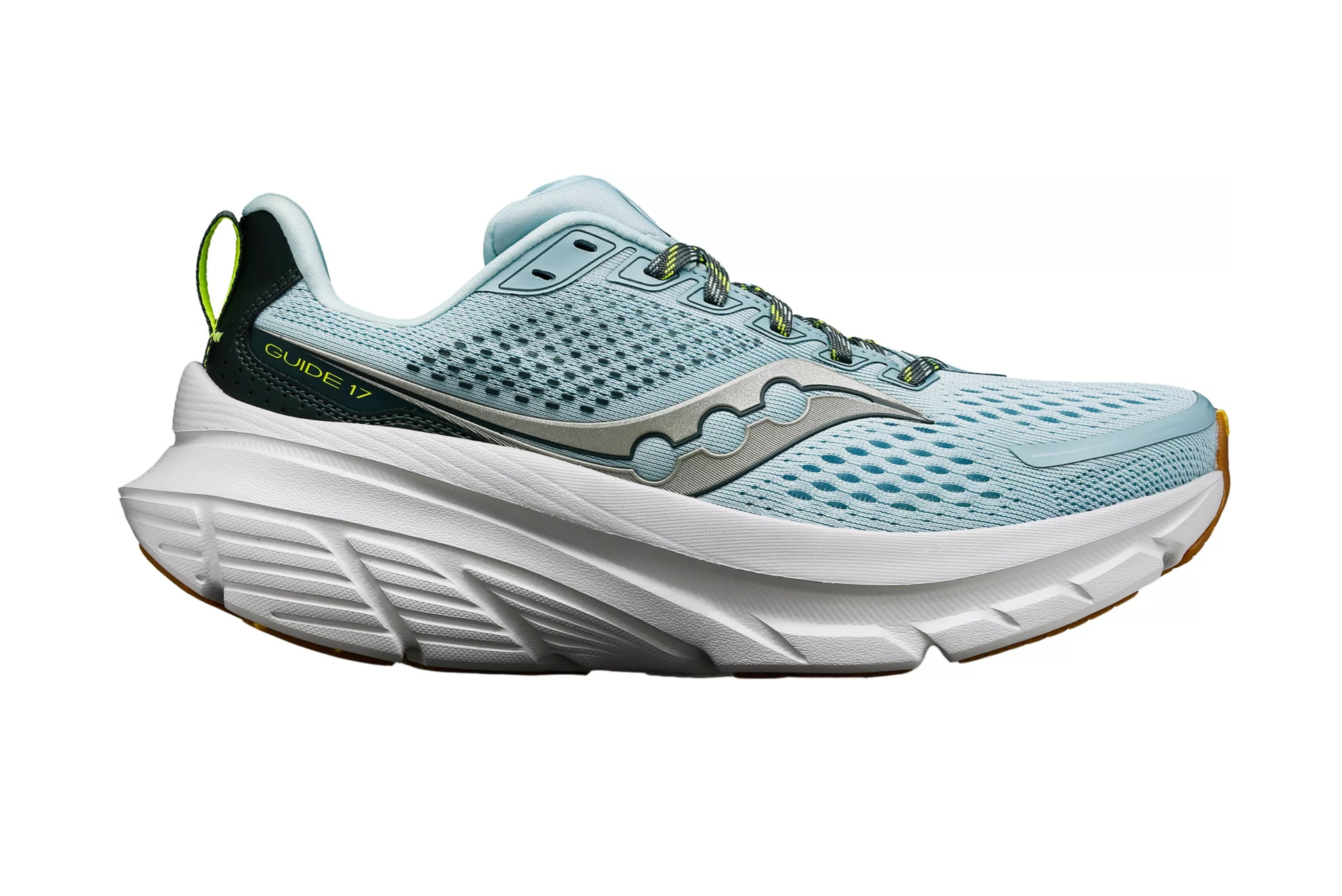 Side view on white background of Womens Saucony Guide 17 running shoe in Glacier, Medium (Regular) width