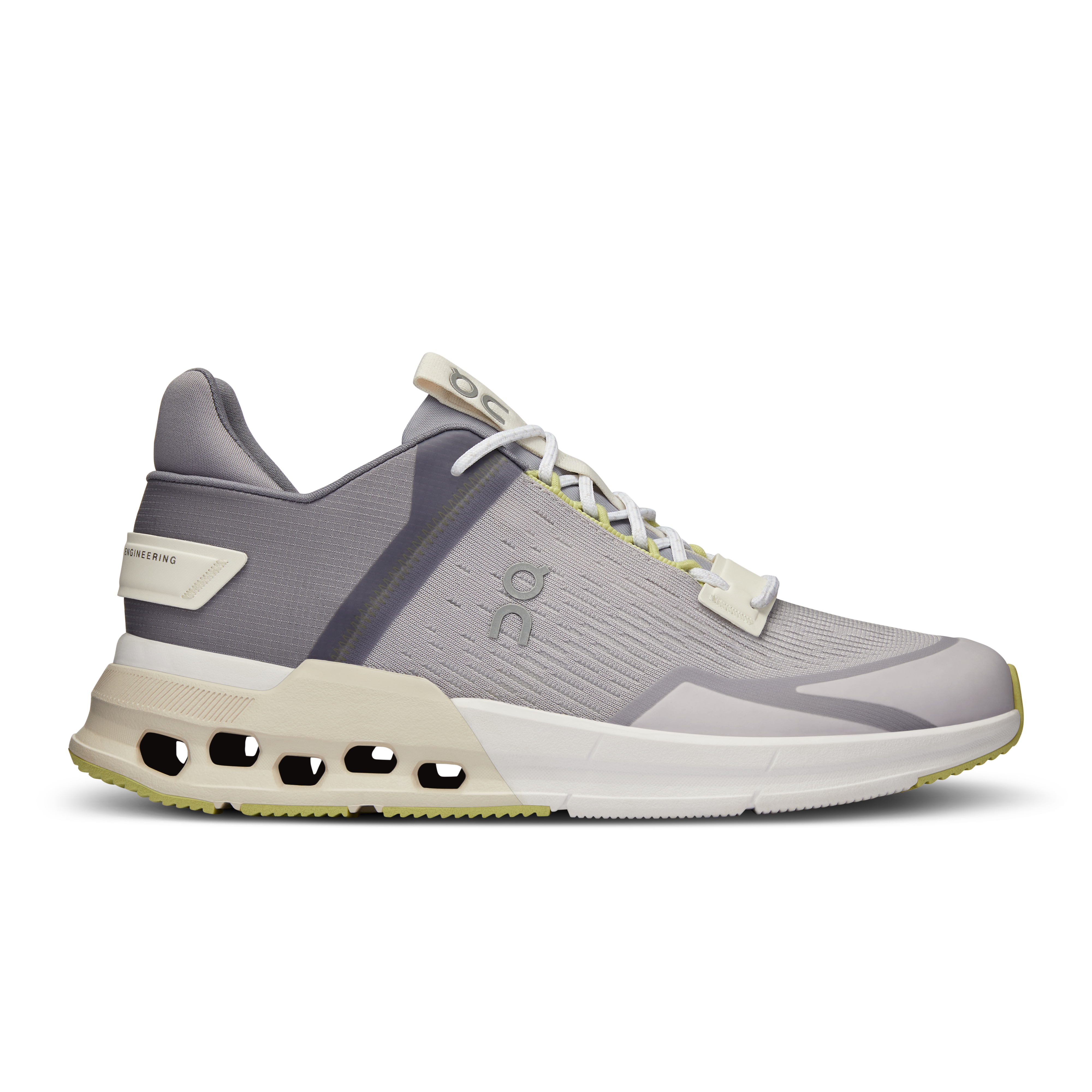 Side view on white background of Womens On Cloudnova Flux running shoe in Fade/Moon, Medium (Regular) width