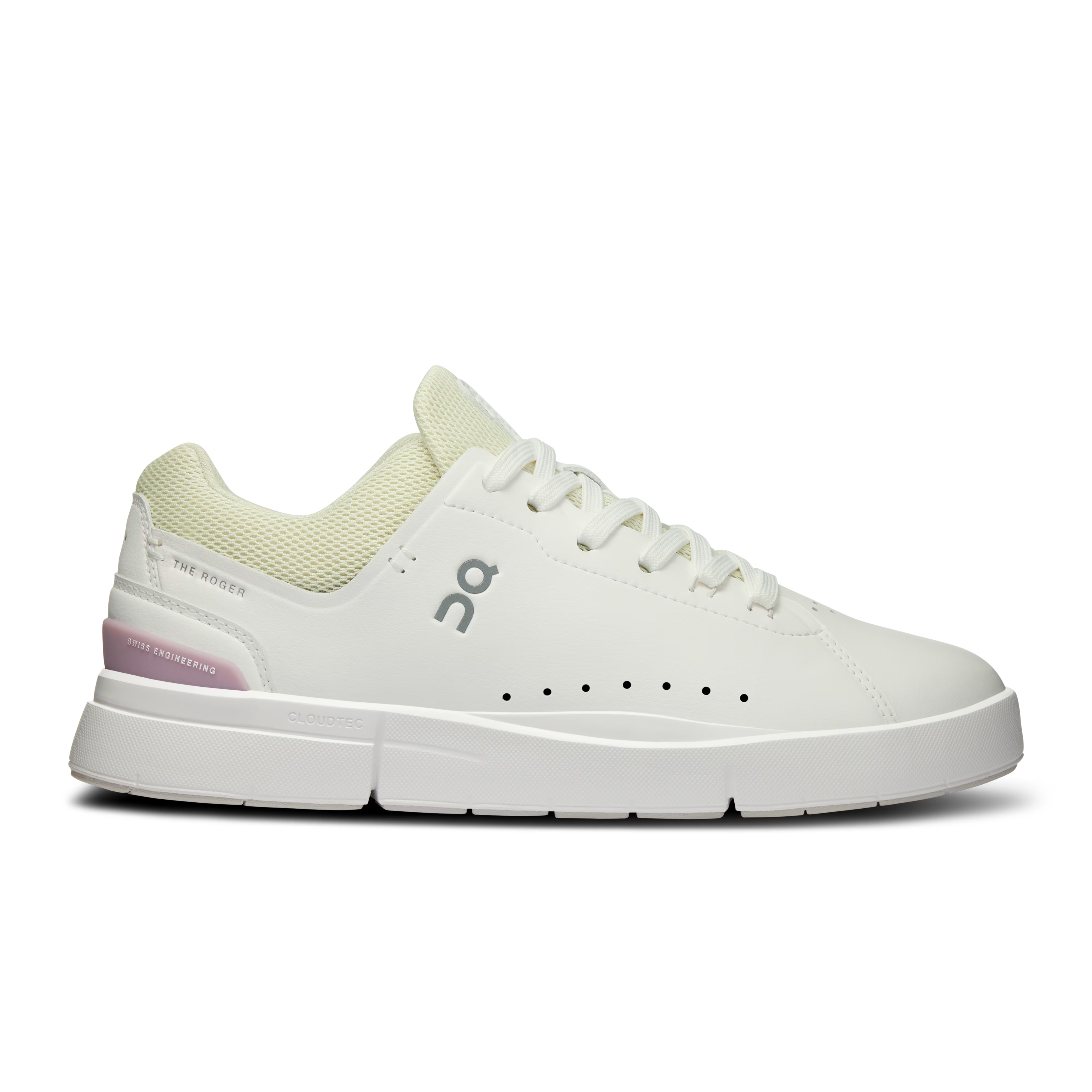 Side view on white background of Womens On The Roger Advantage 2 running shoe in White/Mauve, Medium (Regular) width