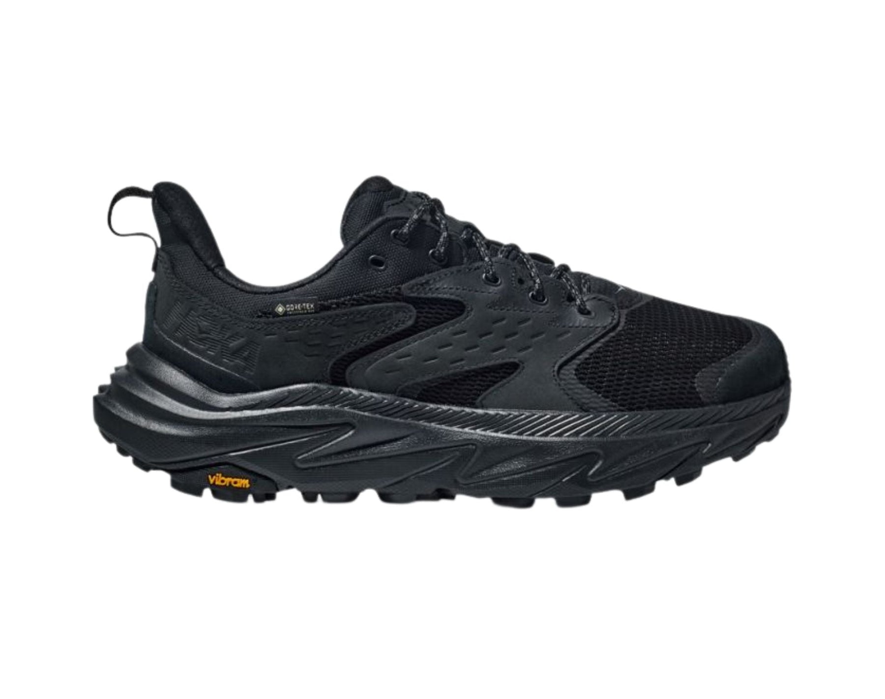 Side view on white background of Mens Hoka Anacapa 2 Low GTX running shoe in Black/Black, Medium (Regular) width
