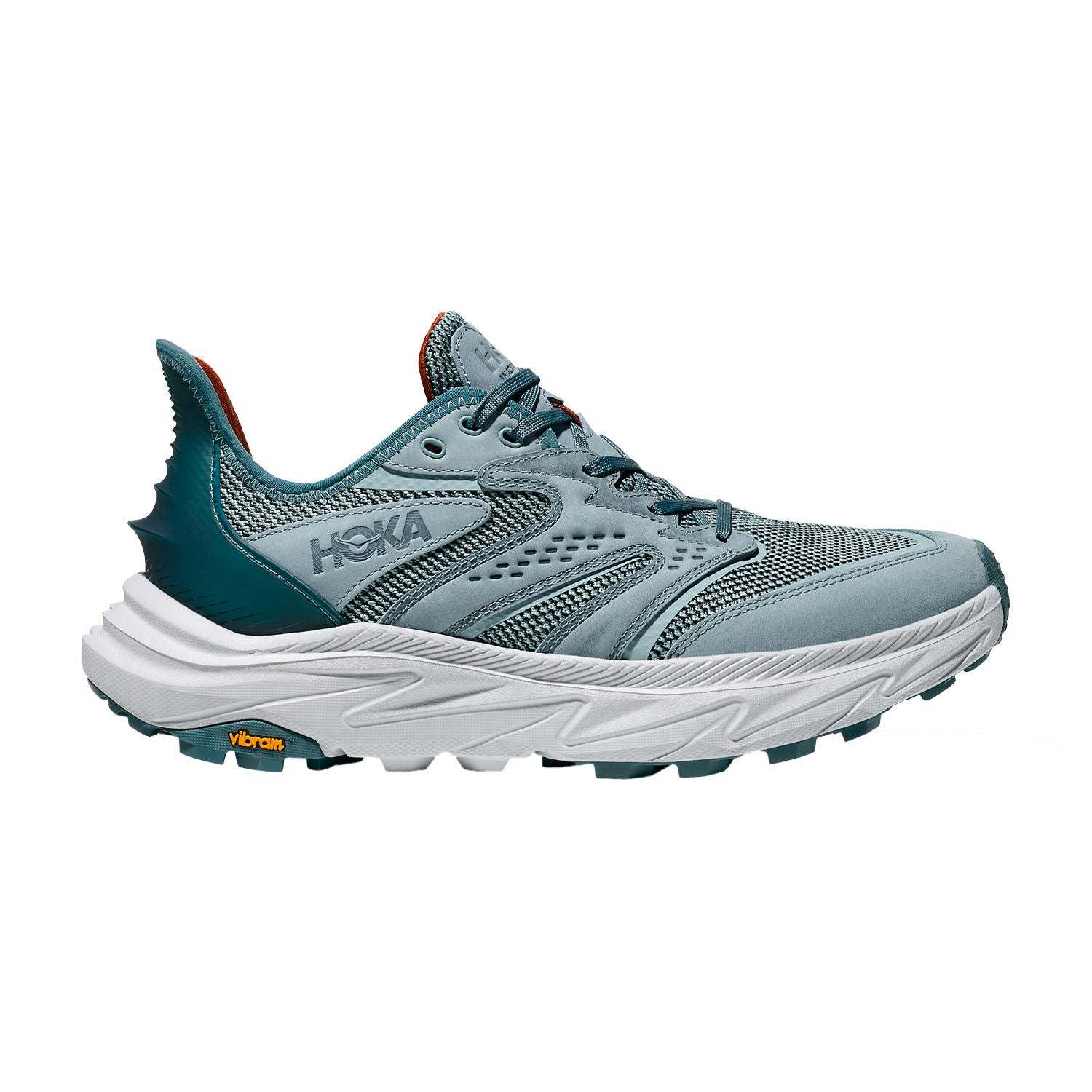 Side view on white background of Mens Hoka Anacapa 2 Freedom running shoe in Druzy/Cosmic Grey, Medium (Regular) width