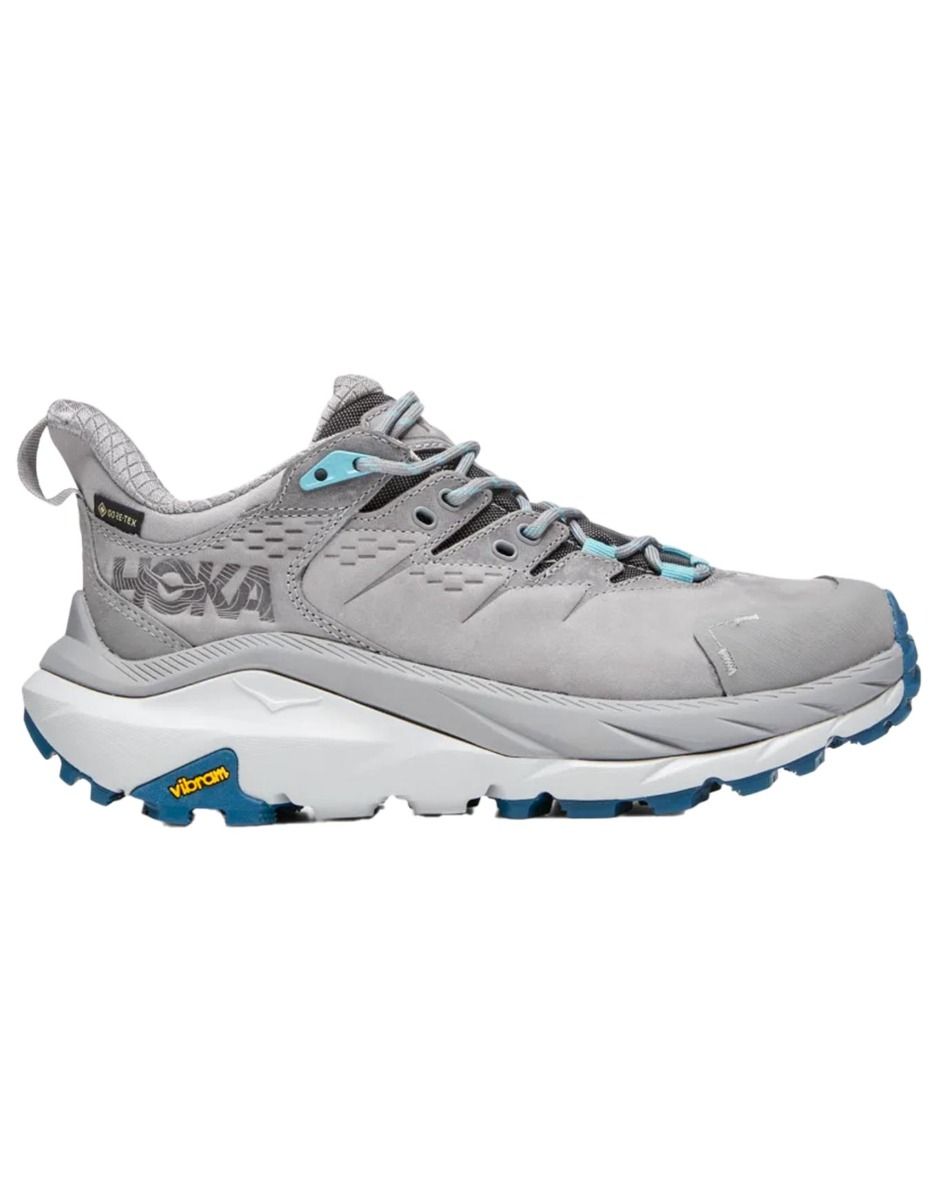 Side view on white background of Womens Hoka Kaha 2 Low GTX running shoe in Sharkskin/Blue Coral, Medium (Regular) width