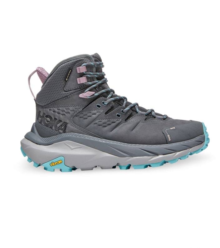 Side view on white background of Womens Hoka Kaha 2 GTX running shoe in Castlerock/Coastal Shade, Medium (Regular) width