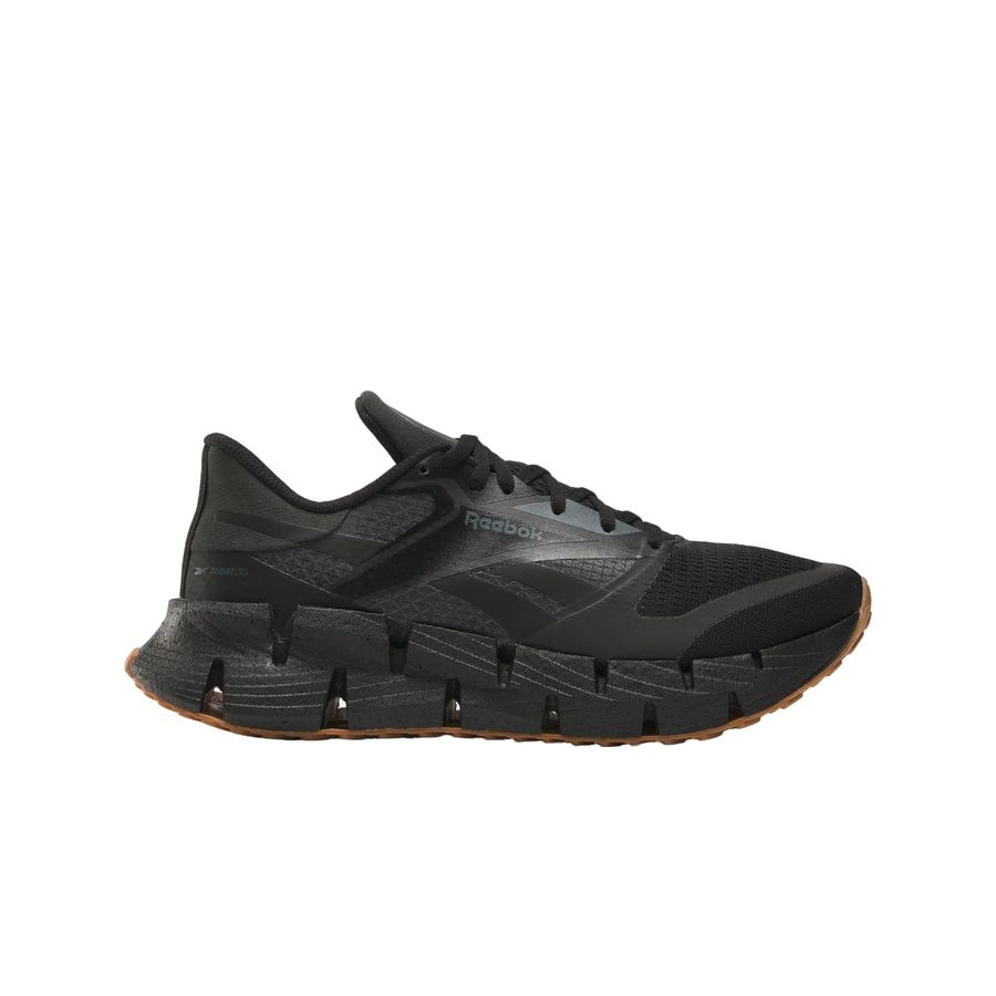 Side view on white background of Mens Reebok Floatzig 1 running shoe in Core Black/Pure Grey 6/Reebok Lee 12, Medium (Regular) width