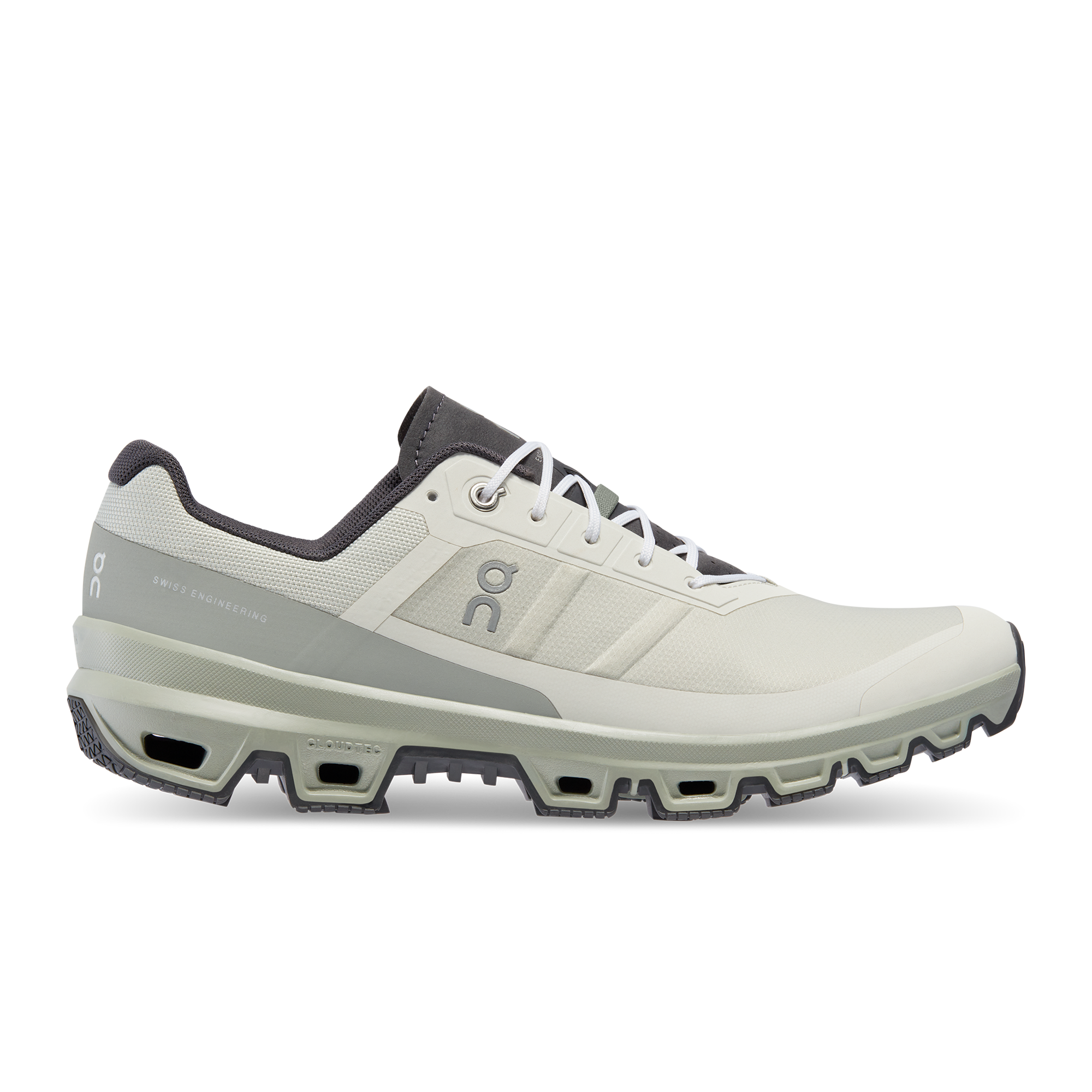 Side view on white background of Mens On Cloudventure 3 running shoe in Ice/Kelp, Medium (Regular) width