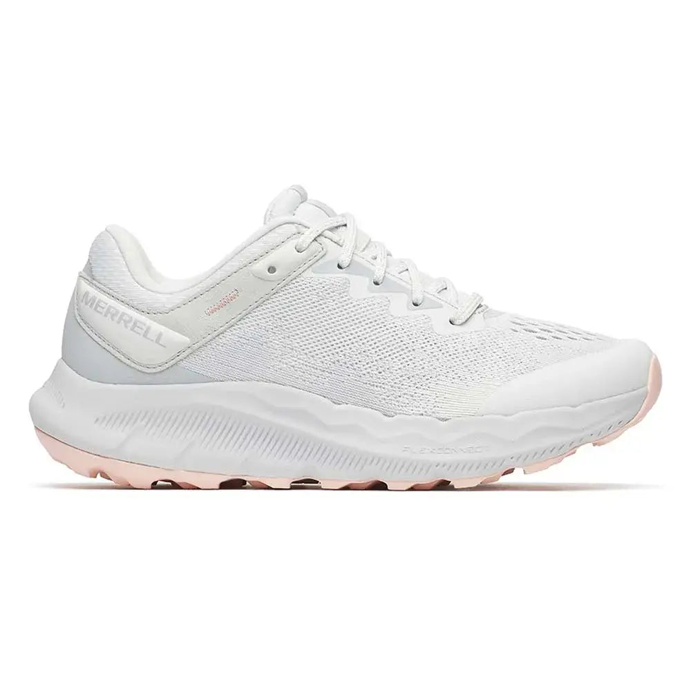 Side view on white background of Womens Merrell Antora 4 running shoe in Vapor Grey, Medium (Regular) width