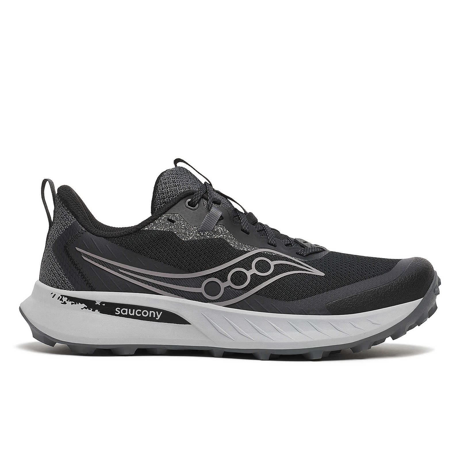 Side view on white background of Mens Saucony Peregrine 15 running shoe in Black/Shadow, Wide width