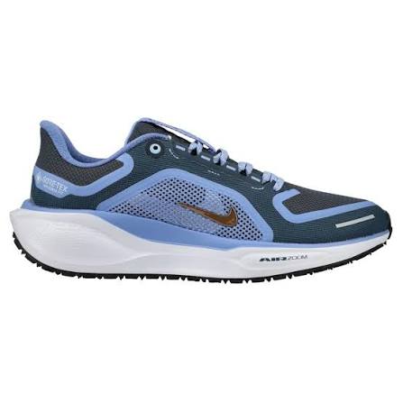 Side view on white background of Mens Nike Pegasus 41 GTX running shoe in Cobalt Bliss/Mtlc Red Bronze/Armory Navy, Narrow width