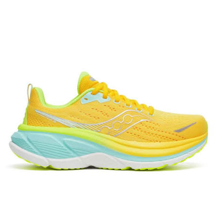 Side view on white background of Womens Saucony Hurricane 25 running shoe in Sunrise/Citron, Medium (Regular) width