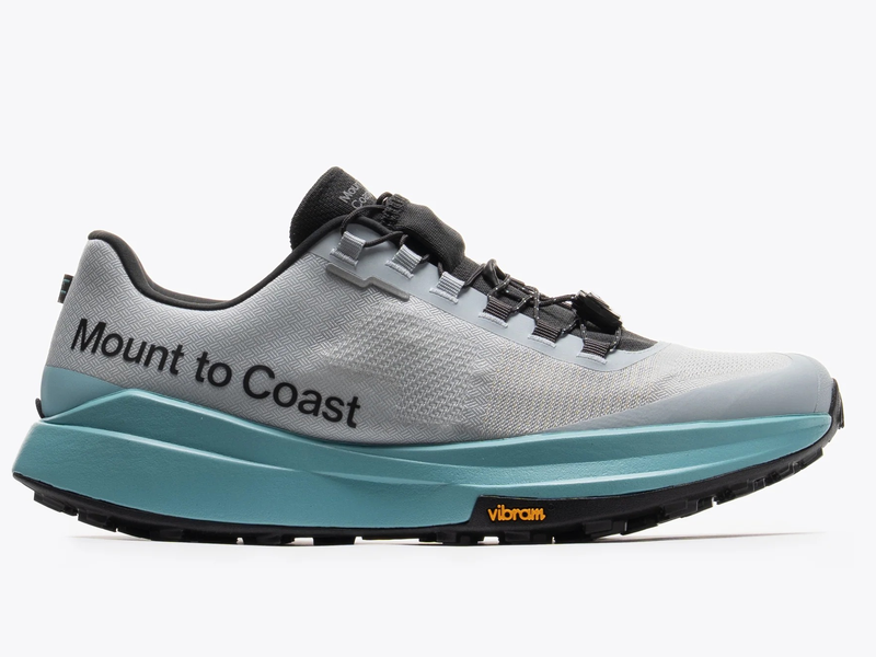 Side view on white background of Mens Mount To Coast T1 running shoe in Snow Line, Medium (Regular) width