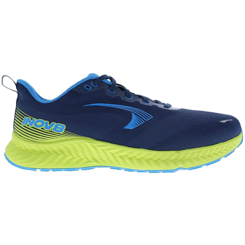 Side view on white background of Mens Inov8 RoadFly running shoe in Navy/Blue/Lime, Wide width