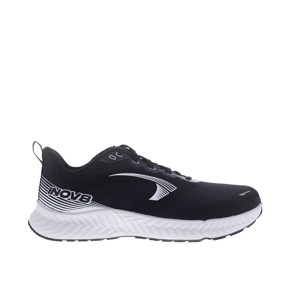 Side view on white background of Mens Inov8 RoadFly running shoe in Black/White, Medium (Regular) width