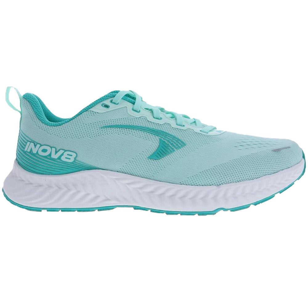 Side view on white background of Womens Inov8 RoadFly running shoe in Mint/Teal/White, Wide width