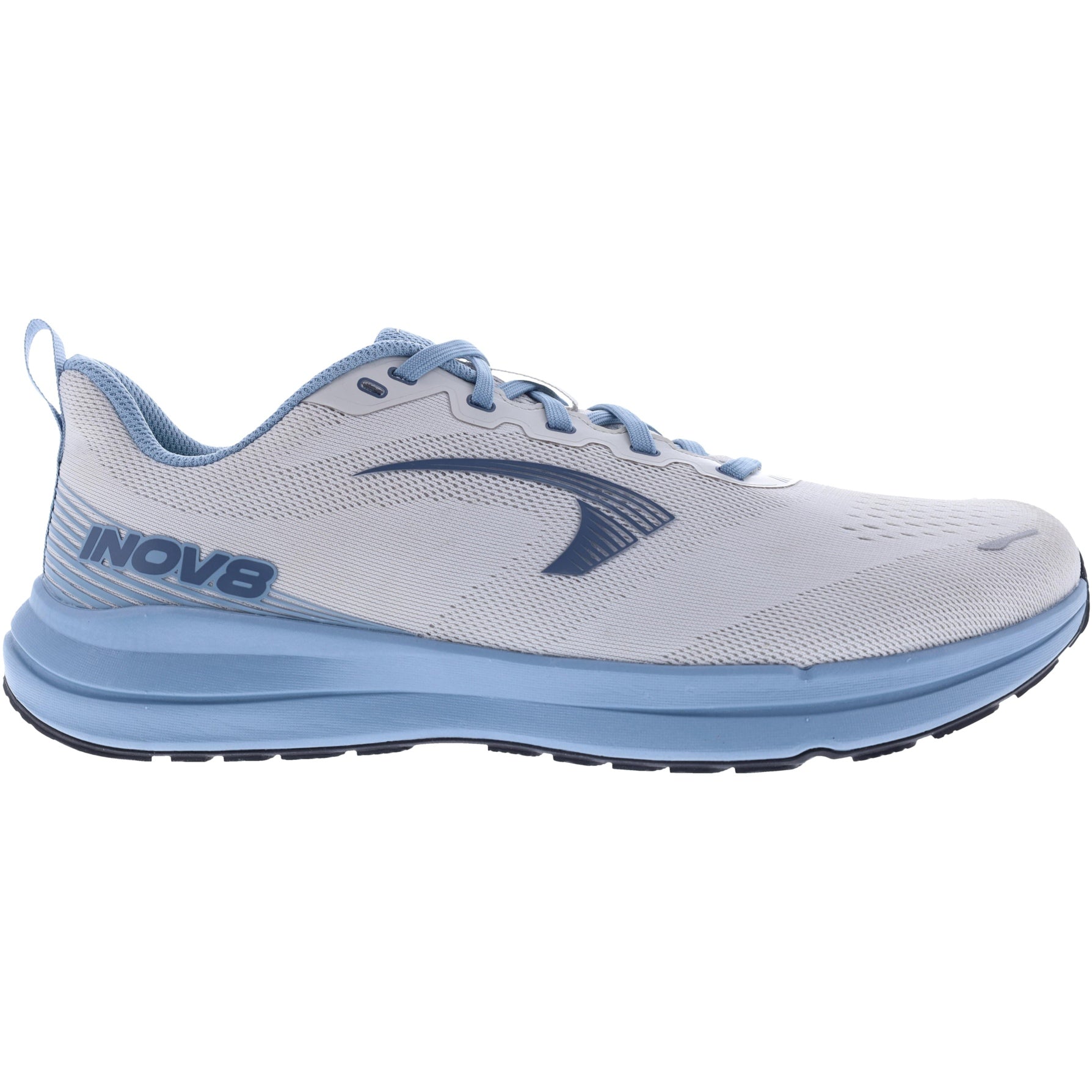 Side view on white background of Mens Inov8 Roadfly Zero running shoe in Light Grey/Blue, Wide width